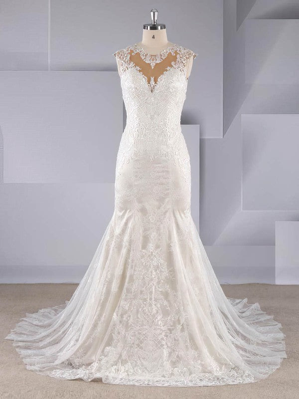Gorgeous Trumpet Jewel Sleeveless Lace Wedding Dresses with Sweep Train