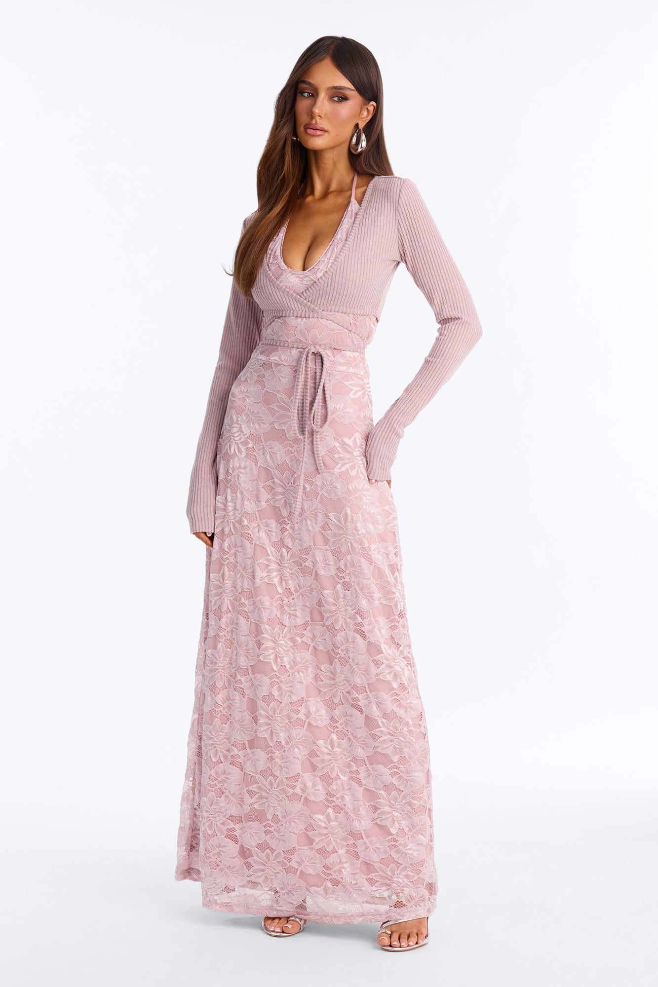 Dollface Lace Maxi Dress Set - Pink