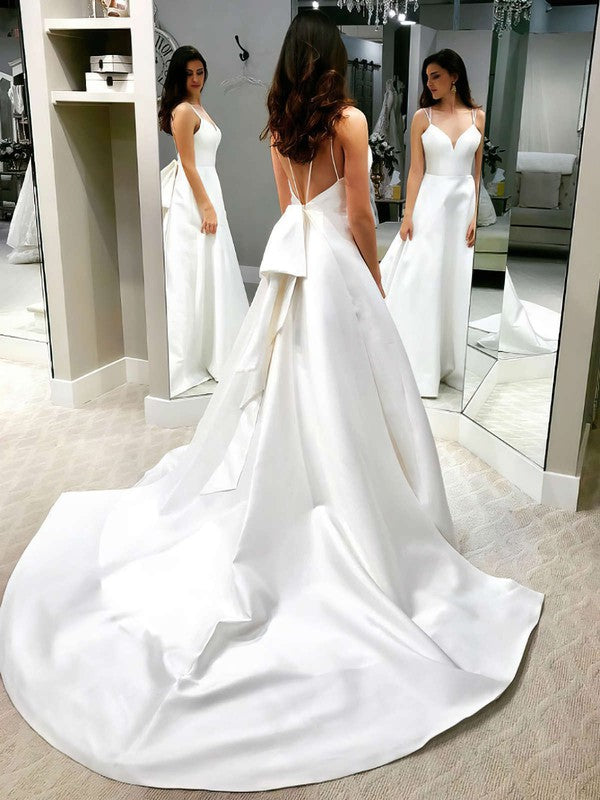 Elegant Ball Gown V-Neck Satin Backless Court Train Wedding Dresses with Bow