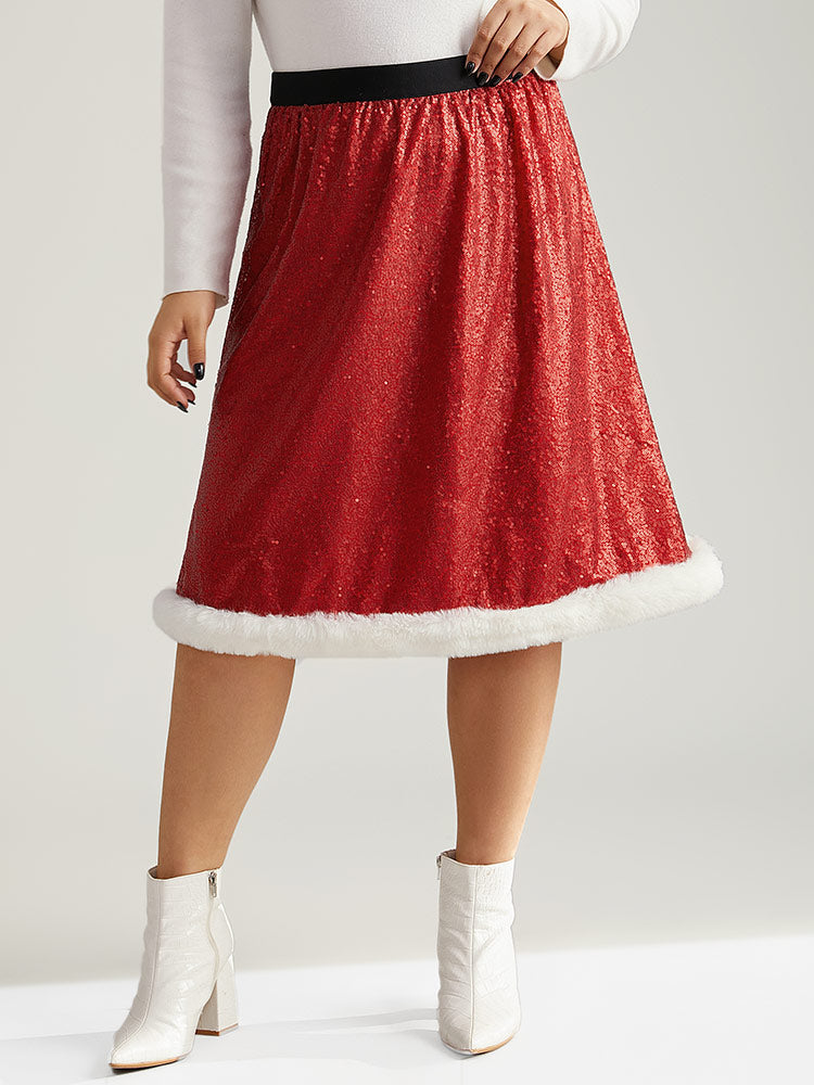 Christmas Sequin Patchwork Fuzzy Trim Skirt