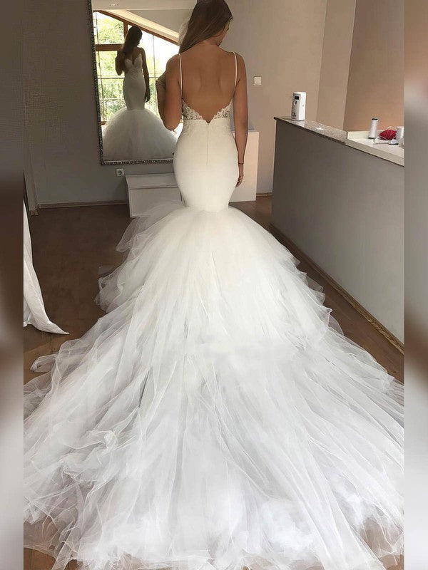 Sexy Backless Spaghetti Straps Tulle Cathedral Train V-Neck Trumpet Wedding Dresses