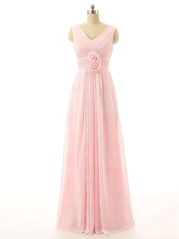 Elegant Floor-Length V-Neck Sleeveless Chiffon Bridesmaid Dresses with Flowers