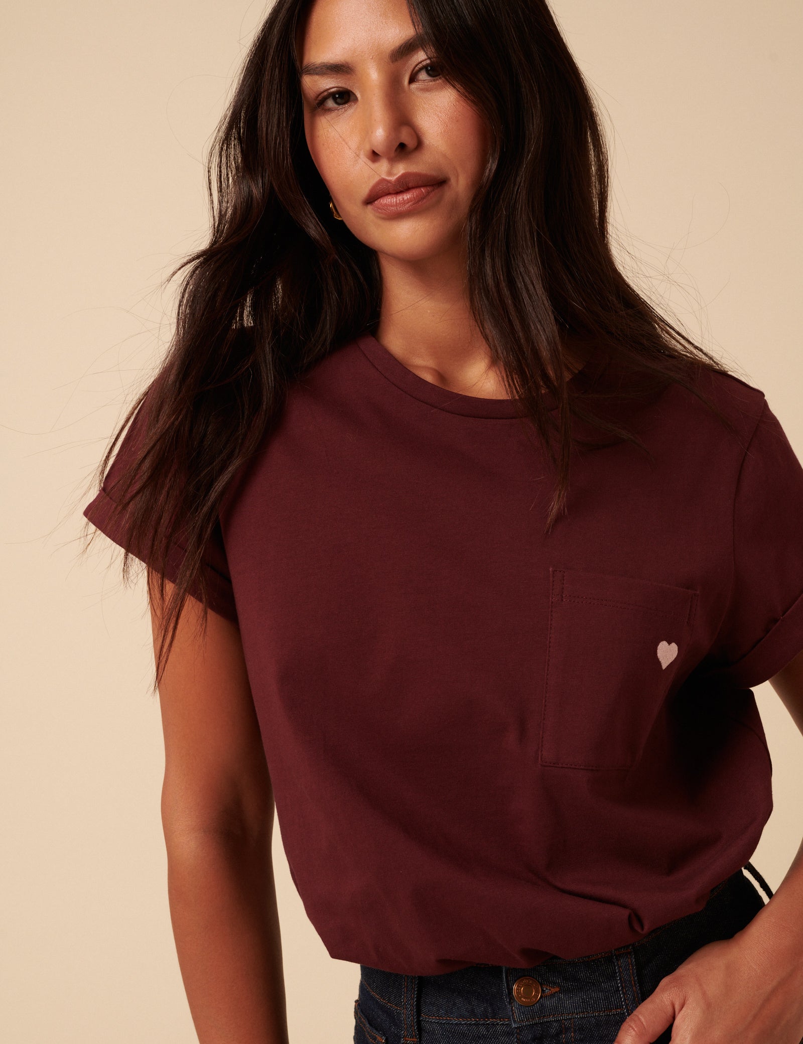 Burgundy Heart Embroidered T-Shirt