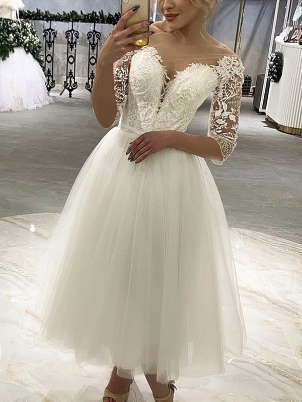 Chic 3/4 Long Sleeves Tulle Tea-Length Wedding Dresses