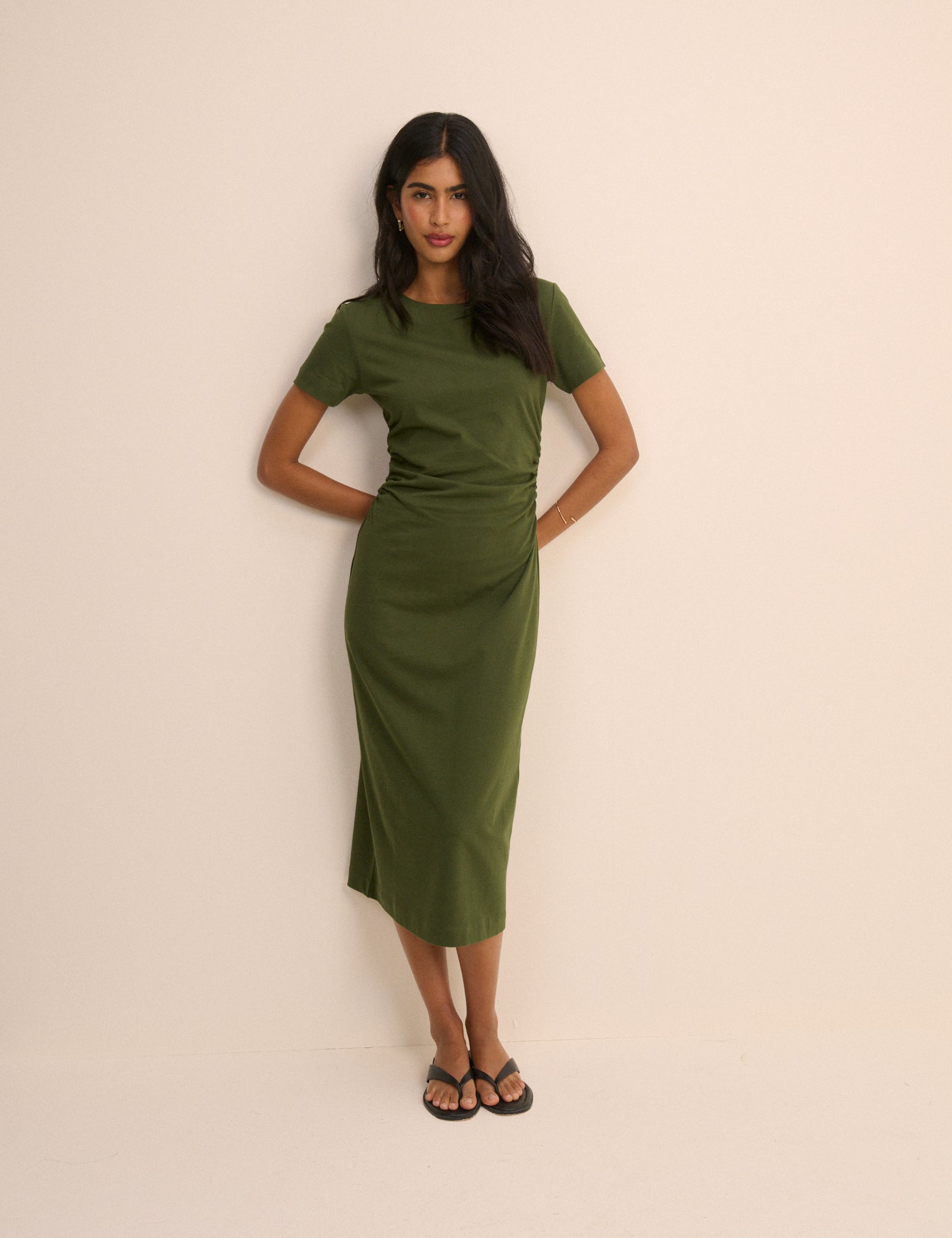 Khaki Ruched Jersey Jordan Midi Dress