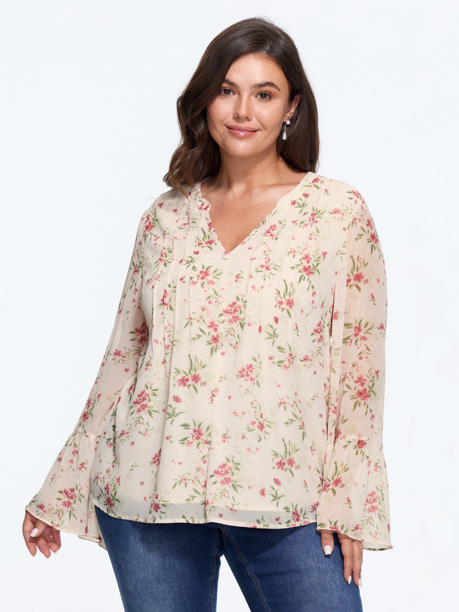 Floral Print Front Button Pleated Chiffon Blouse