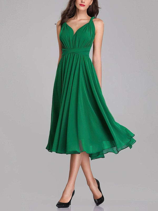 Charming A-Line V-Neck Sleeveless Chiffon Tea-Length Bridesmaid Dresses with Sash