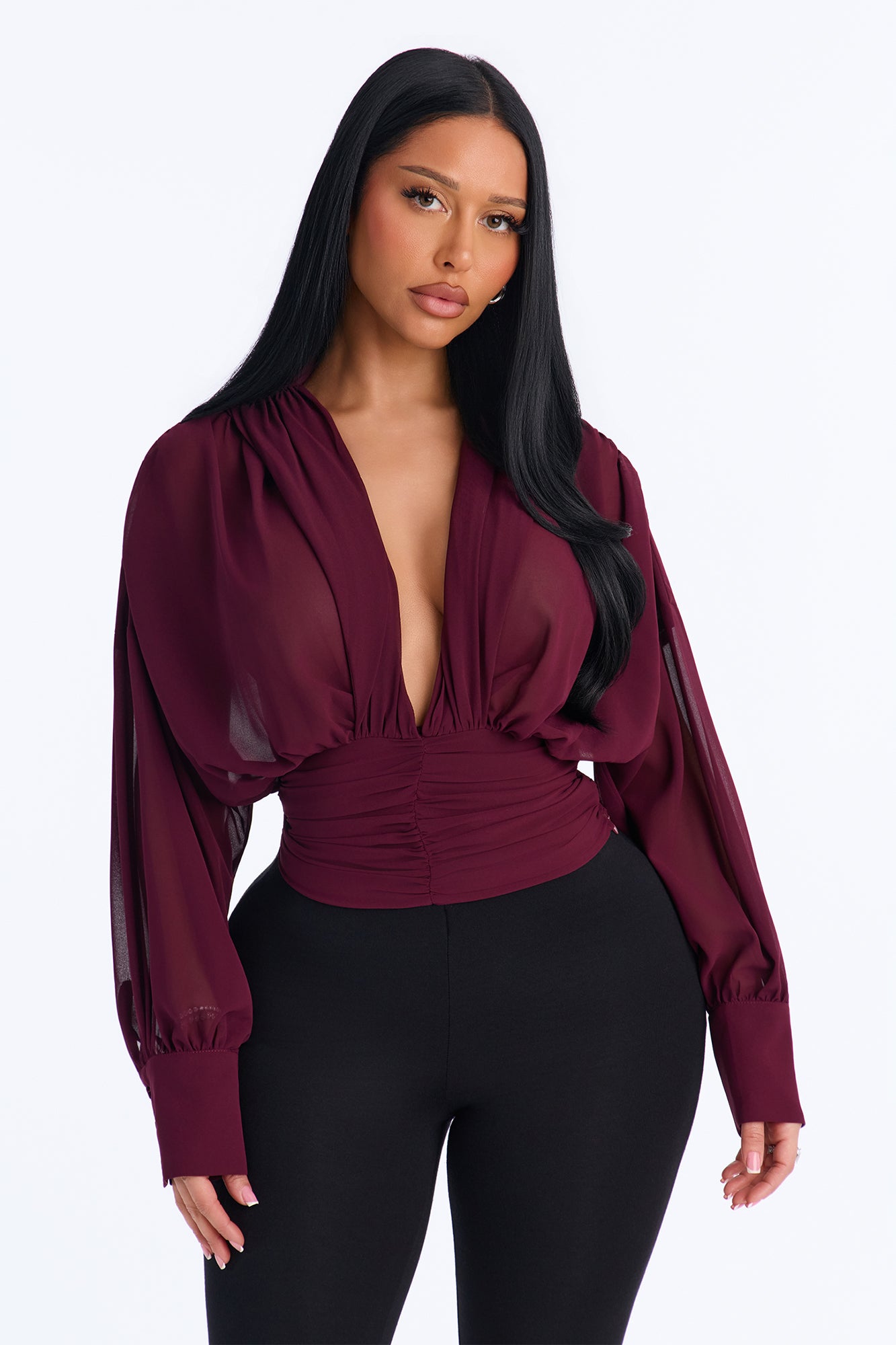 Lynna Ruched Chiffon Blouse - Plum
