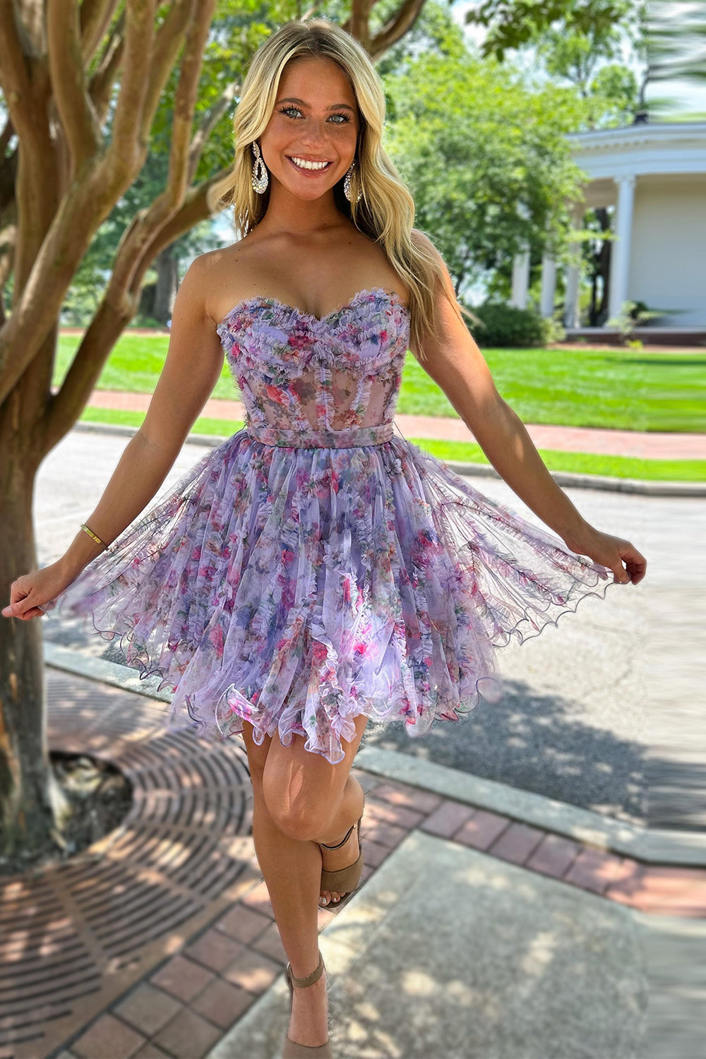 Lilac Corset Sweetheart Floral A-Line Short Homecoming Dress/Mini Dress with Ruffles