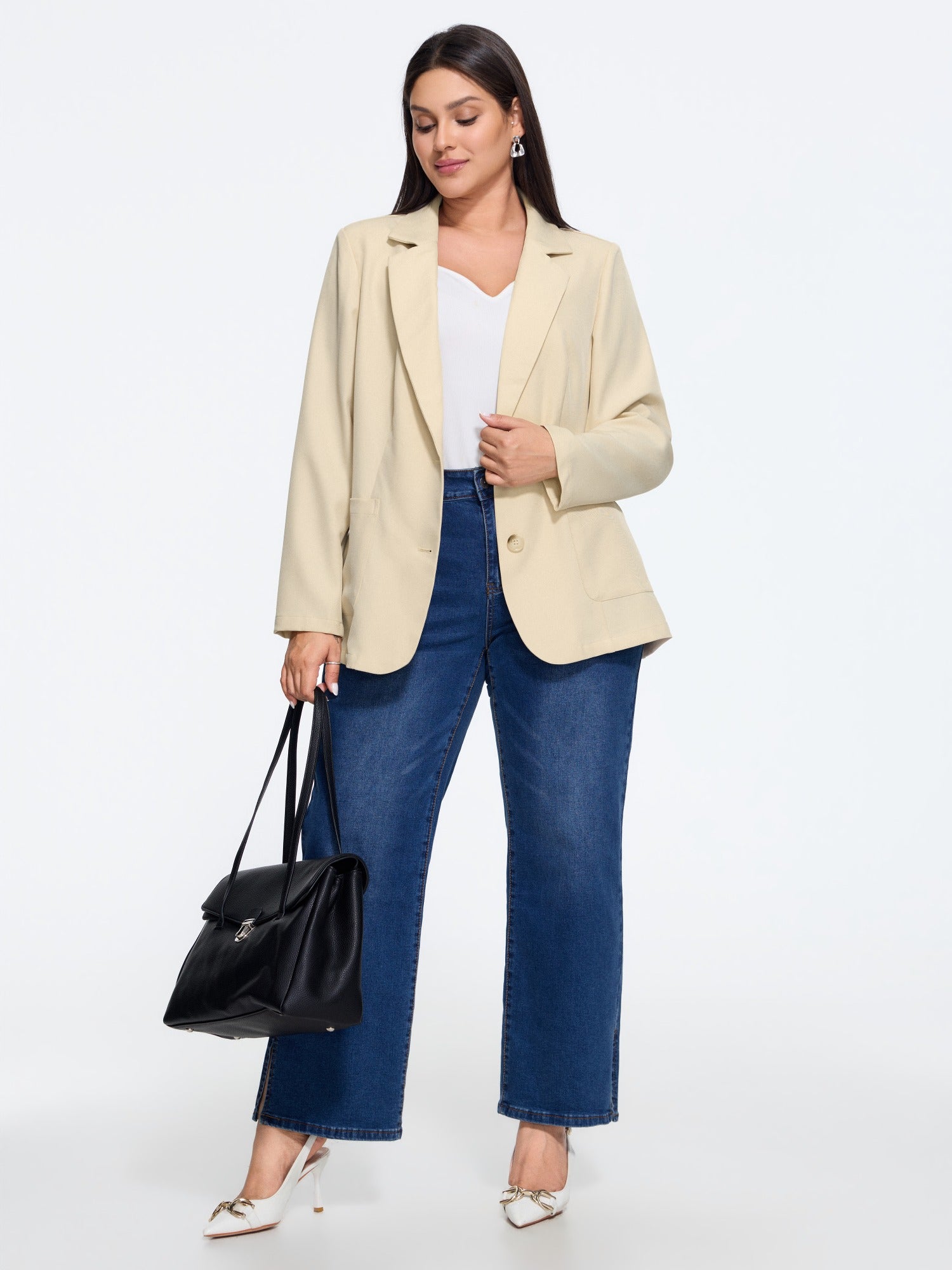 Lapel Collar Button Patch Pockets Blazer
