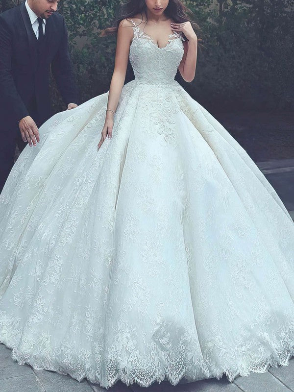 Gorgeous Ball Gown V-Neck Sleeveless Lace Floor-Length Wedding Dresses with Appliques