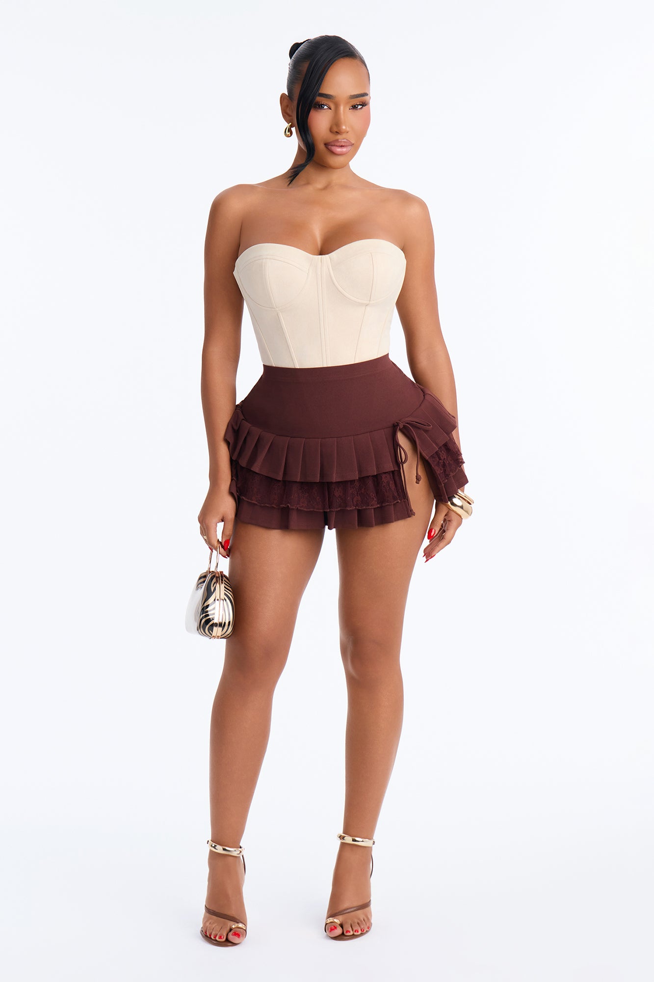 Savannah Mid Rise Tiered Ruffle Mini Skirt - Chocolate