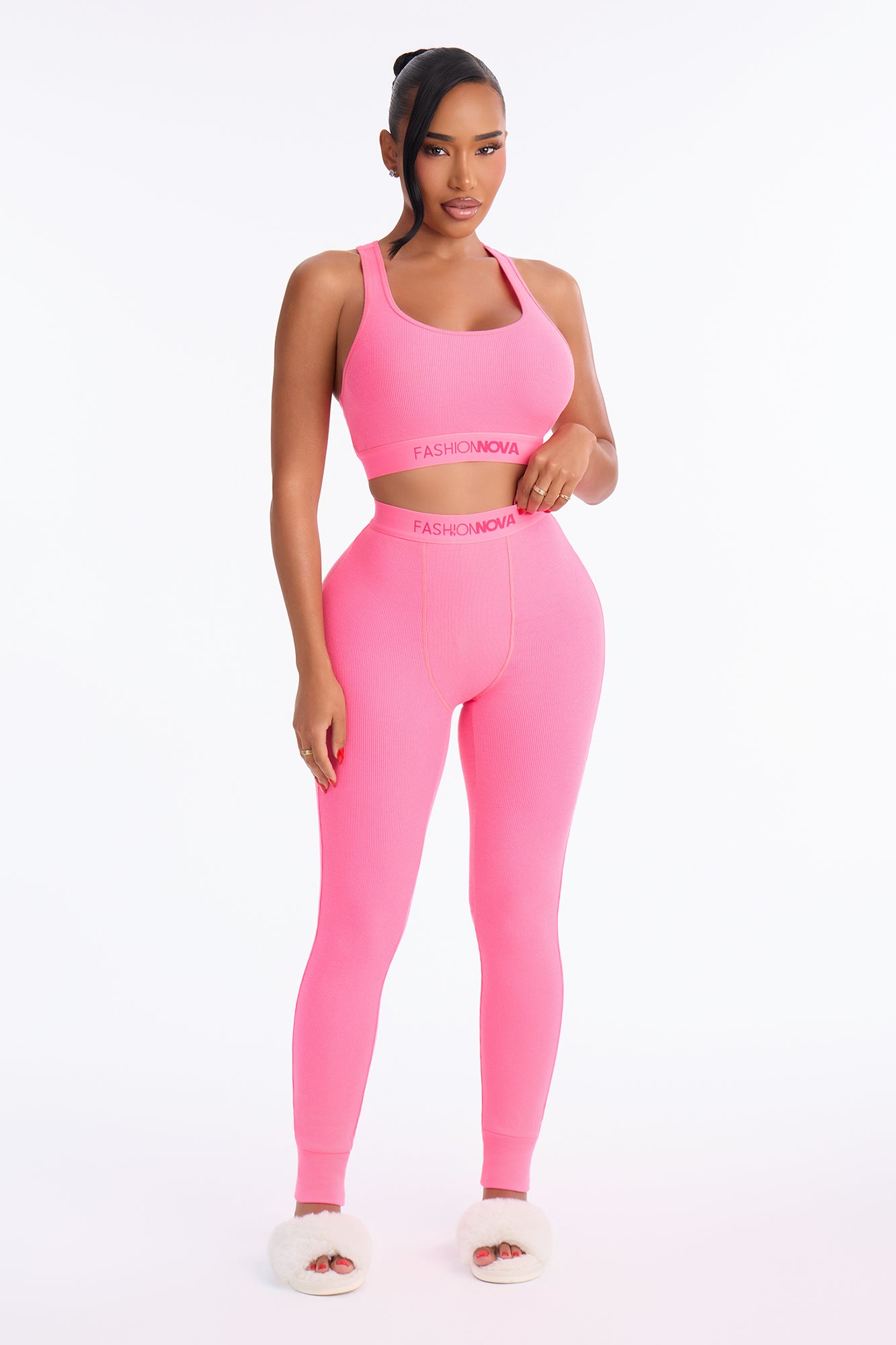 FN Mood Racerback Bra And Legging 2 Piece Ribbed Cotton Set - Hot Pink