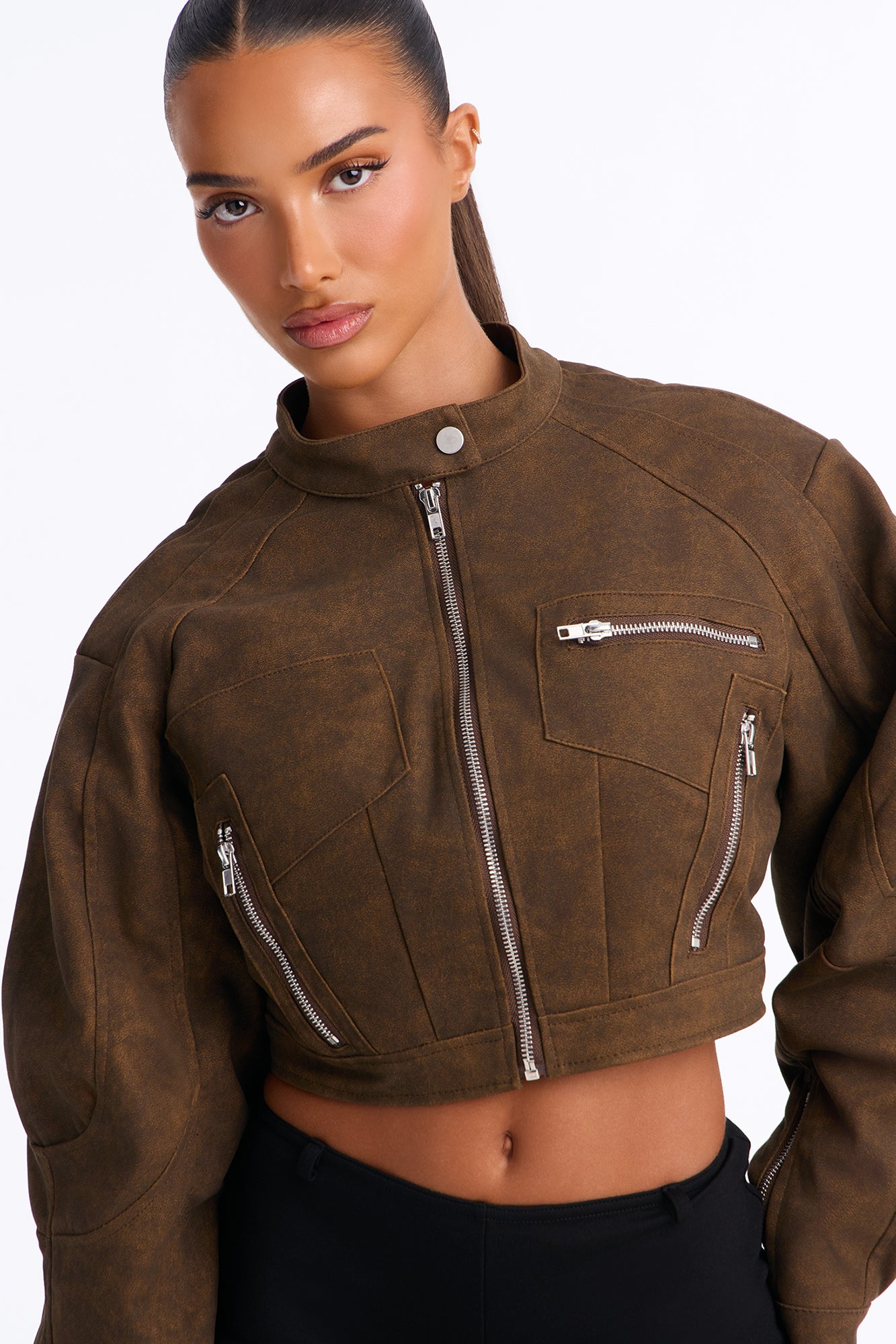Rylee Cropped Faux Suede Moto Jacket - Chocolate