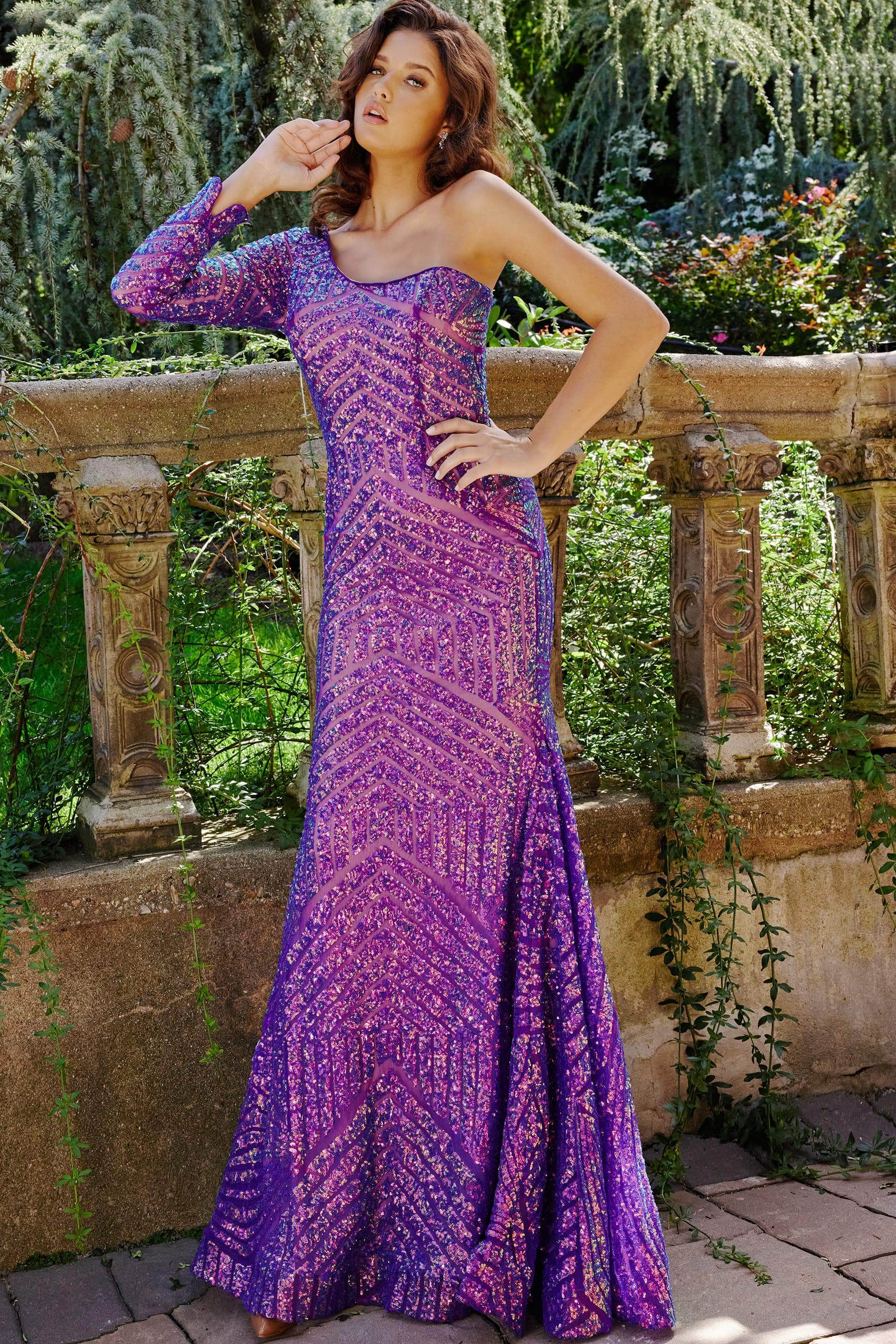 Jovani 24098 - One Sleeved Sequin Prom Dress