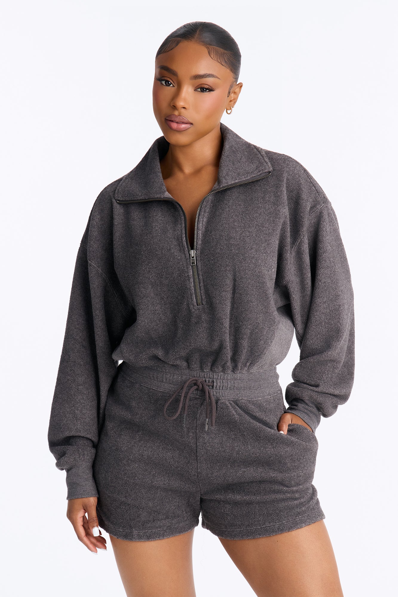 Collins Fleece Long Sleeve Romper - Charcoal