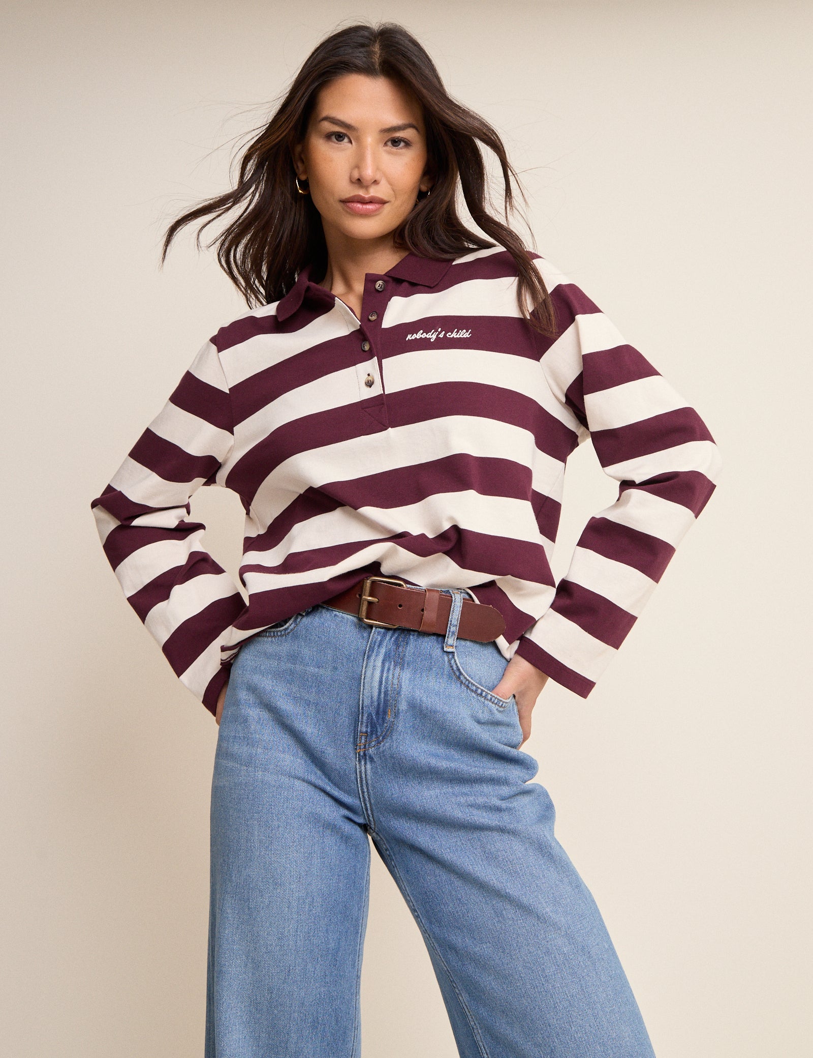 Burgundy Striped Long Sleeve Polo Top