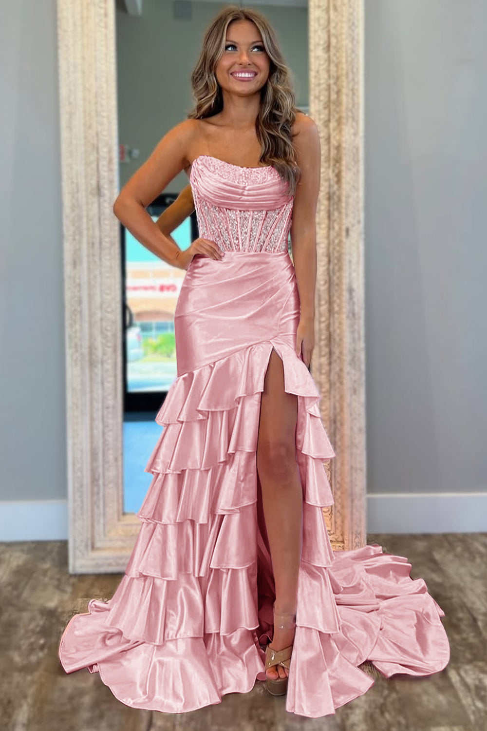 Strapless Mermaid Prom Dress with Glitter Blush Satin and Ruffled Sequins