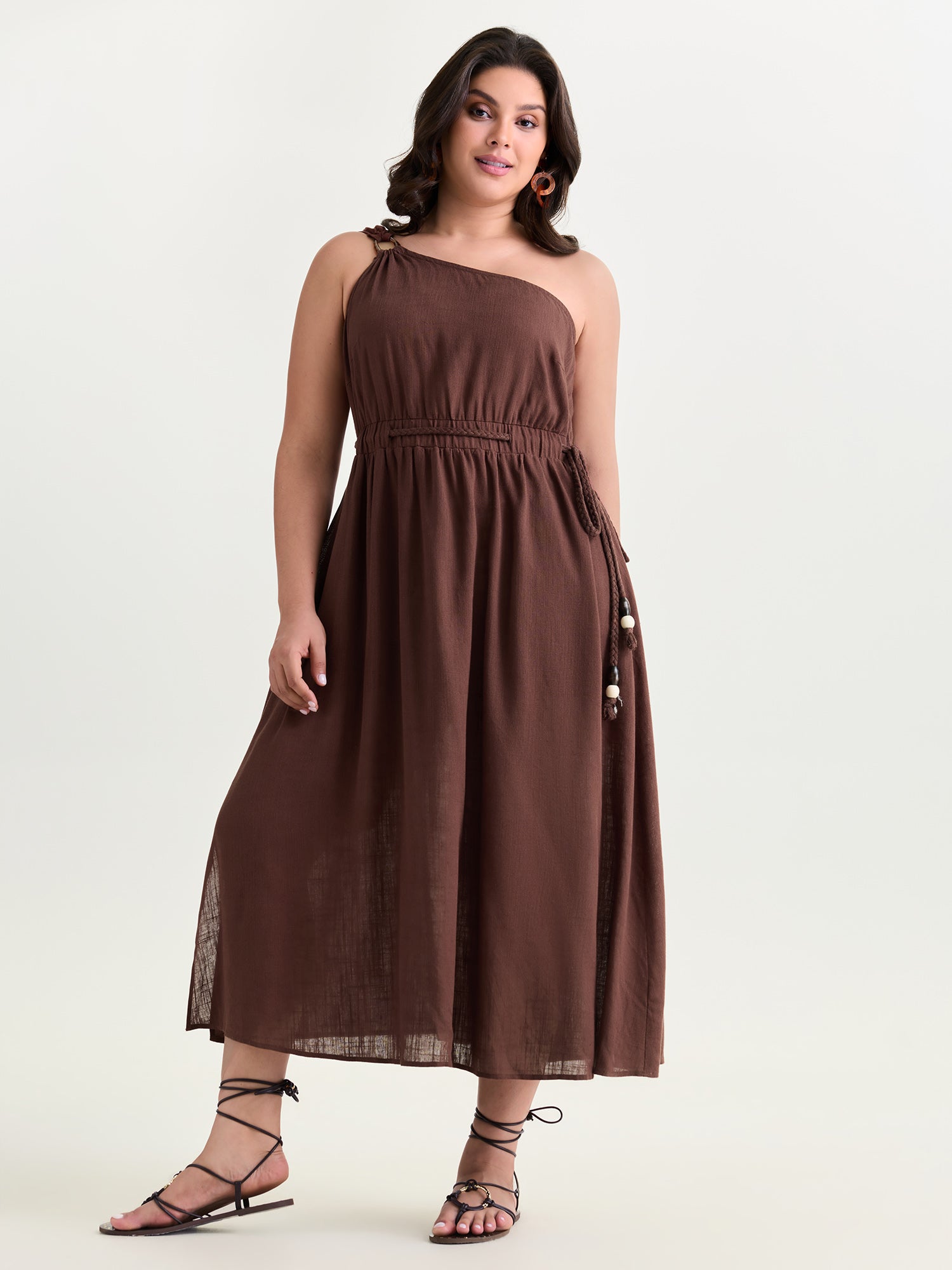 Cotton Linen One-Shoulder Waist-Defining Maxi Dress