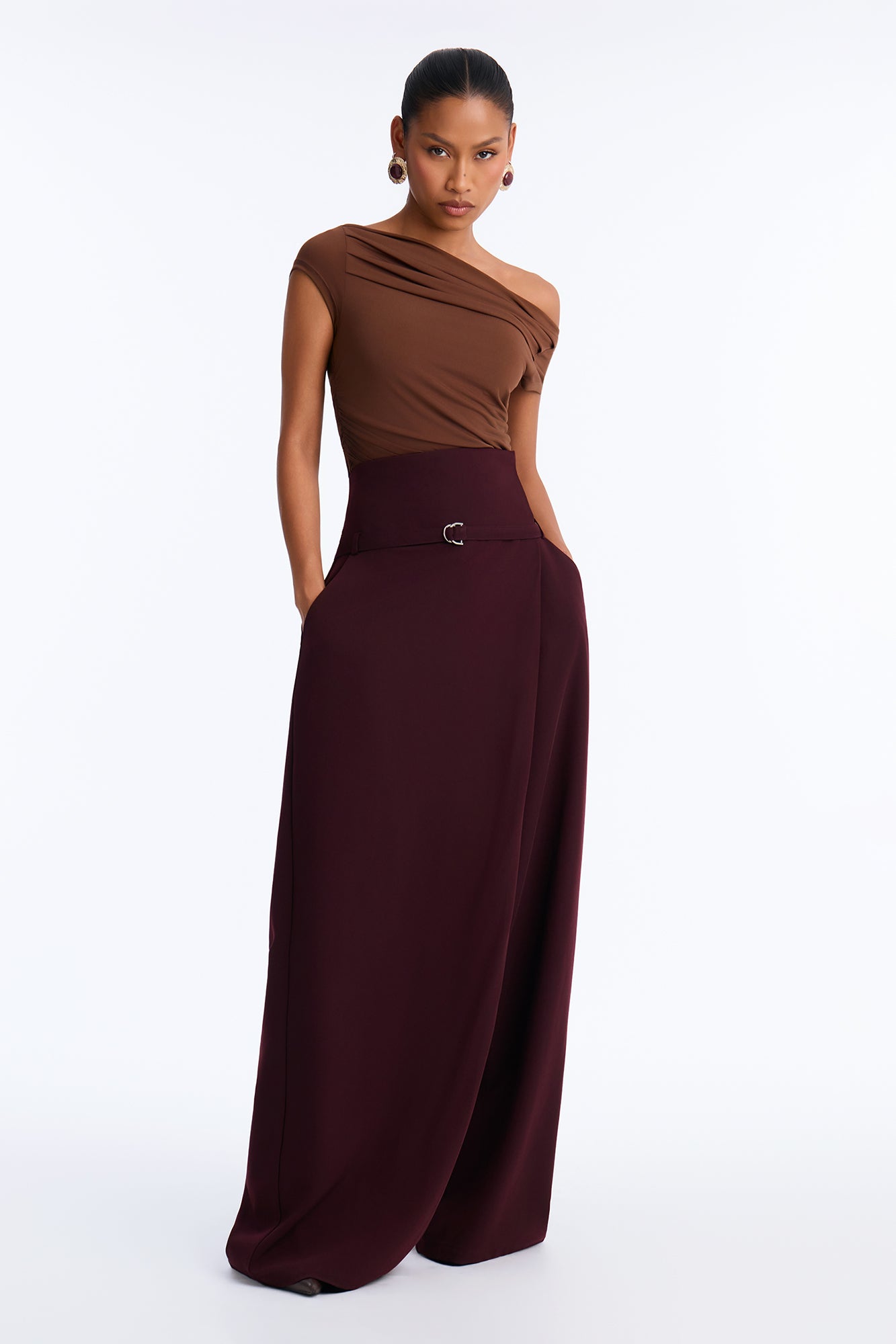 Belene High Rise Paneled Wide Leg Belted Trouser - Plum