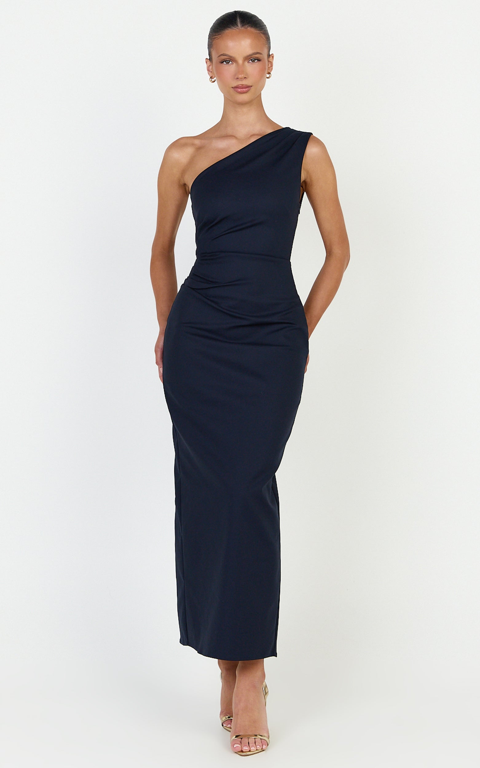 Karlie Midi Dress - One Shoulder Fitted Dress in Navy