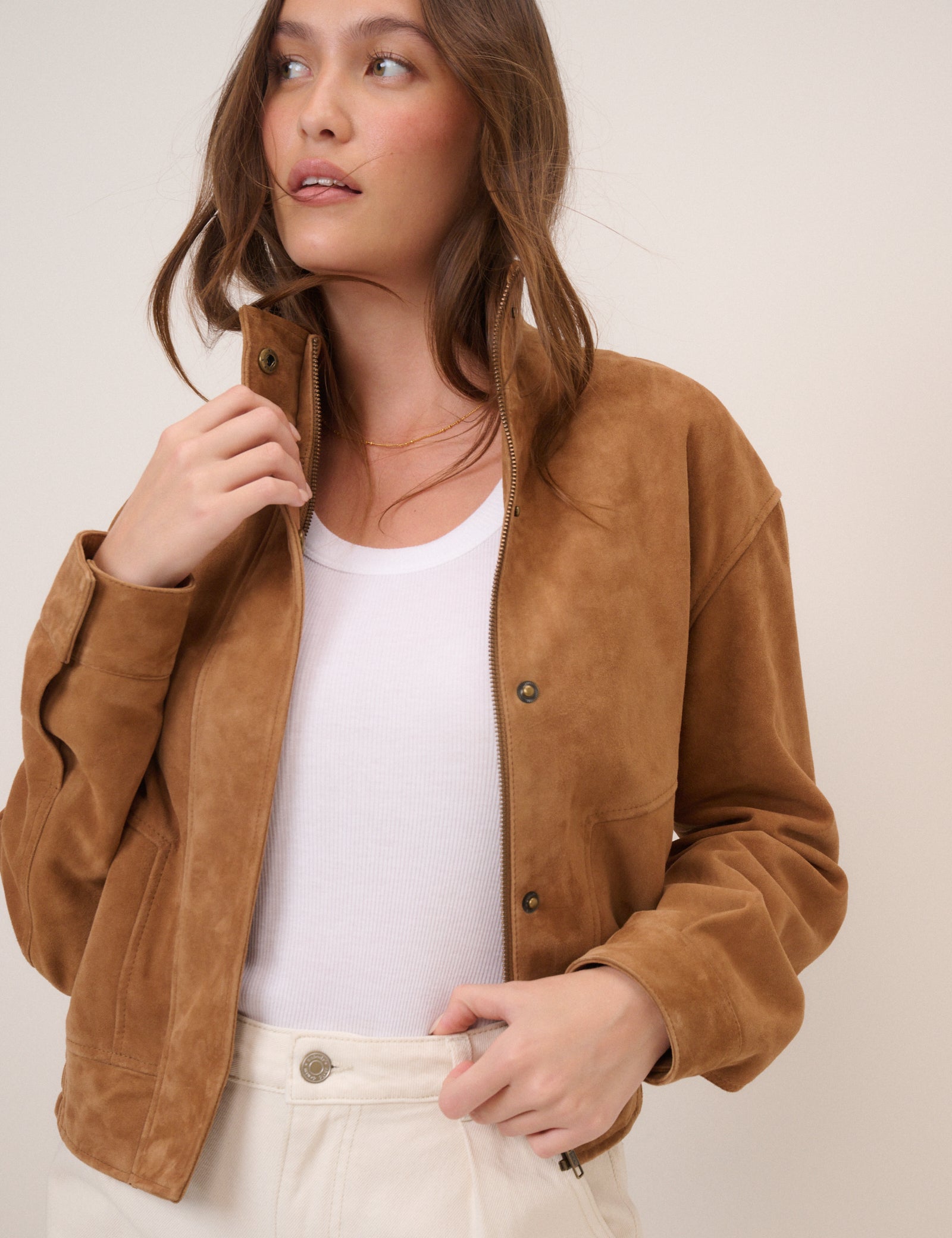 Brown Funnel Neck Suede Bomber