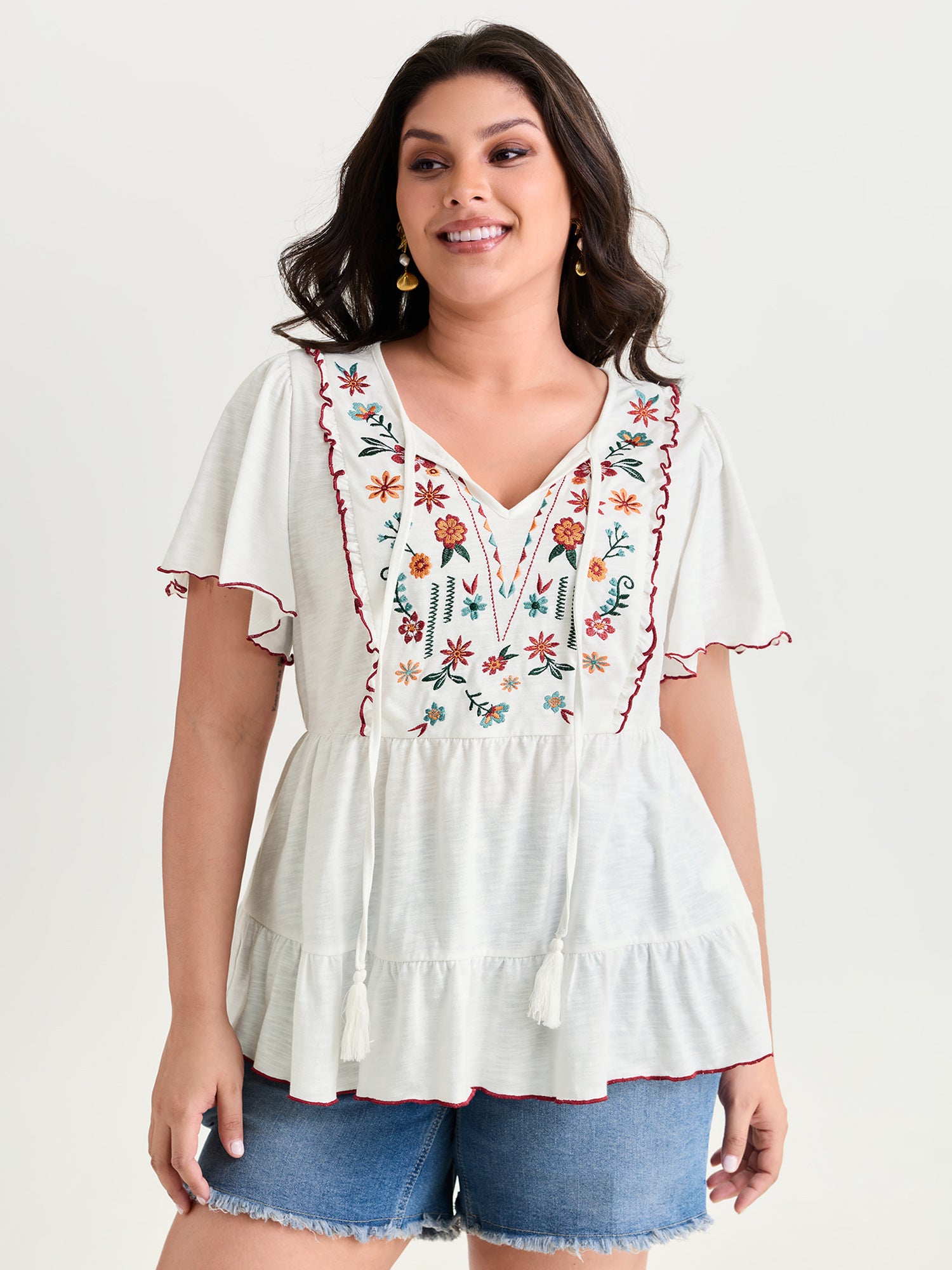 Supersoft Floral Embroidered Tassels T-Shirt