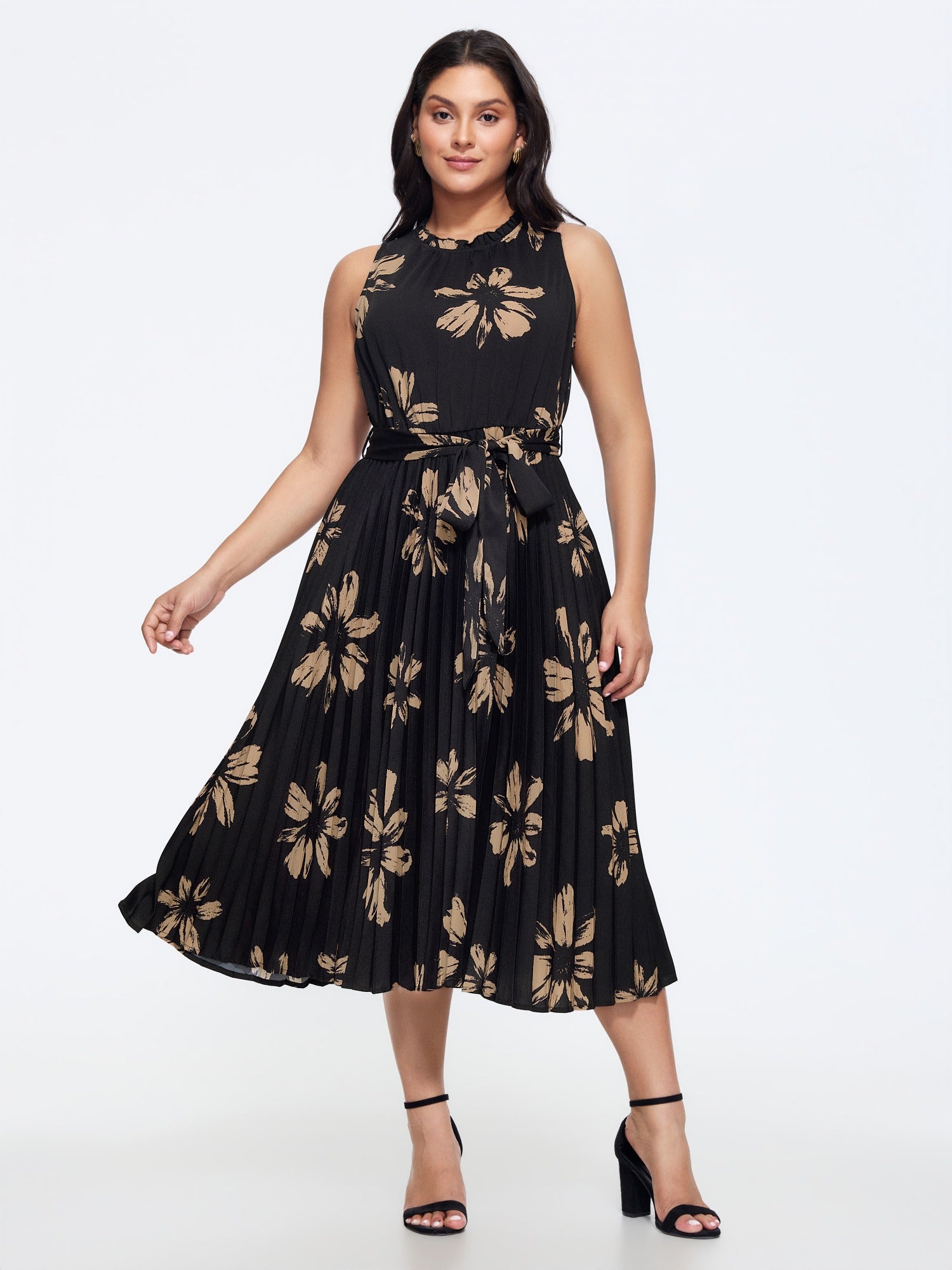 Floral Print Pleated Tie Waist Midi Dress
