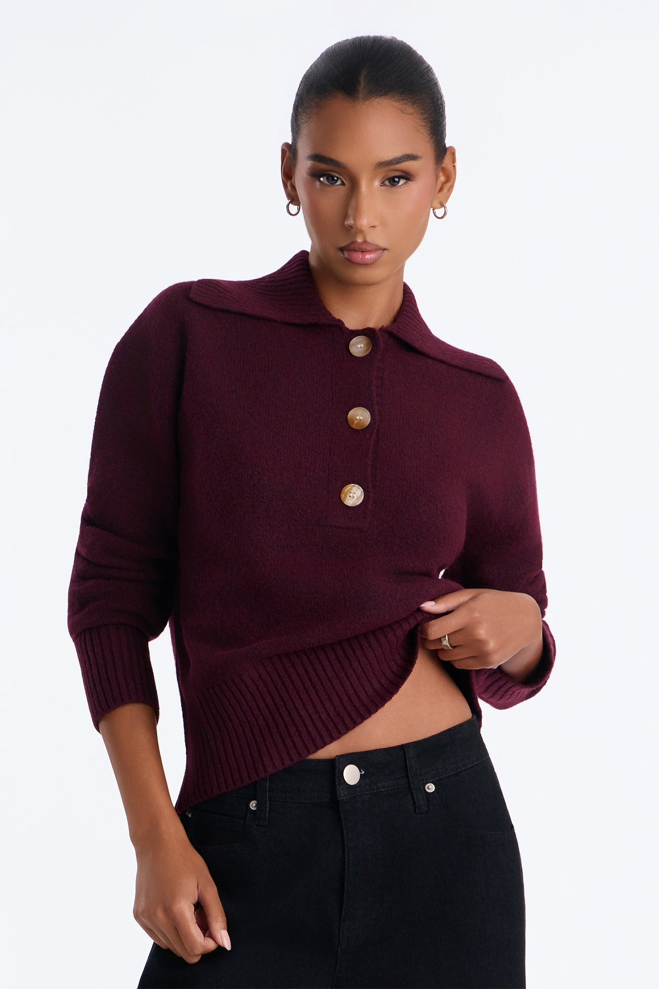 Colored Leaves Button Up Pullover Sweater - Burgundy