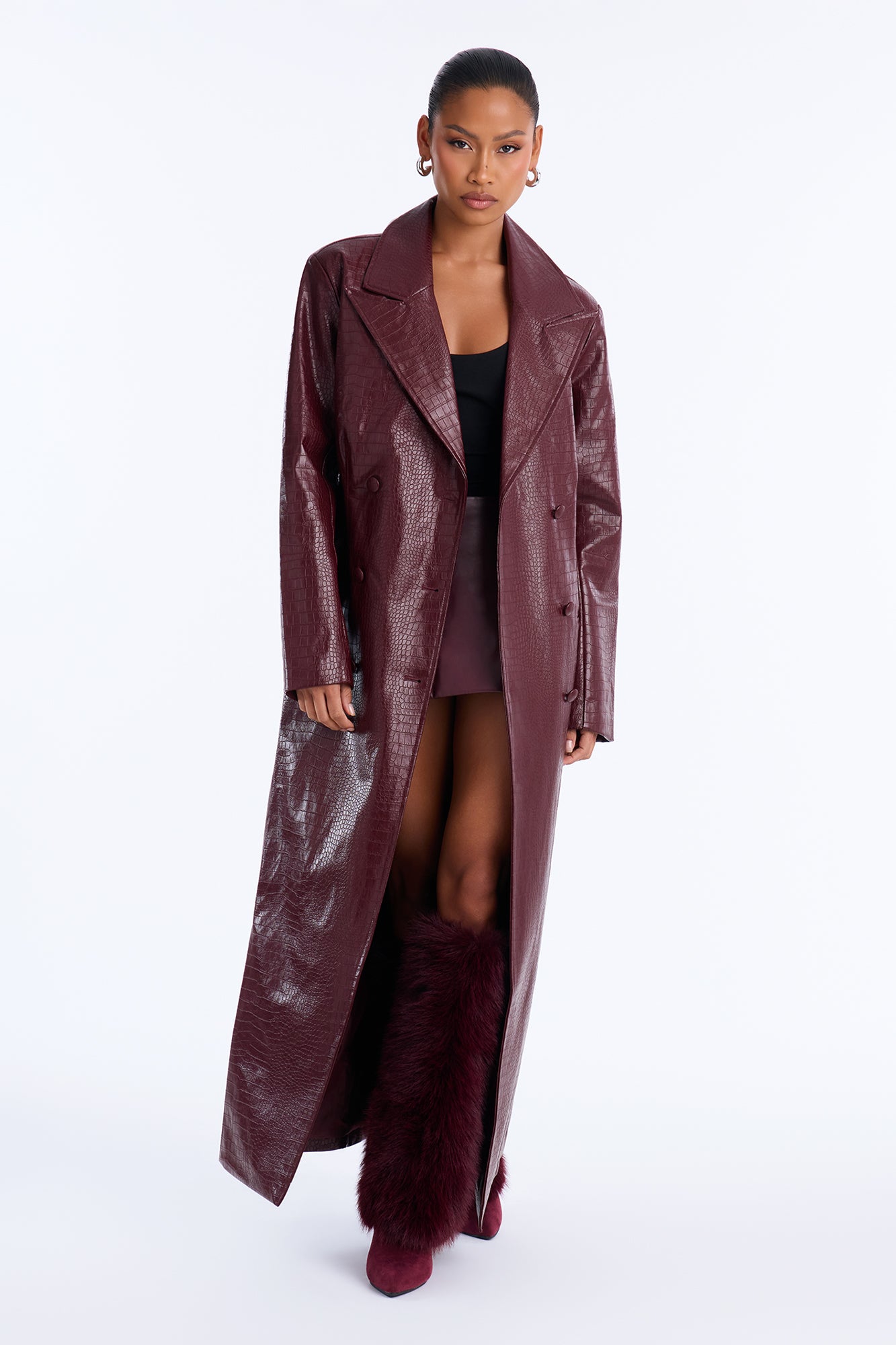 Alaiya Croc Faux Leather Cinched Waist Maxi Coat - Burgundy