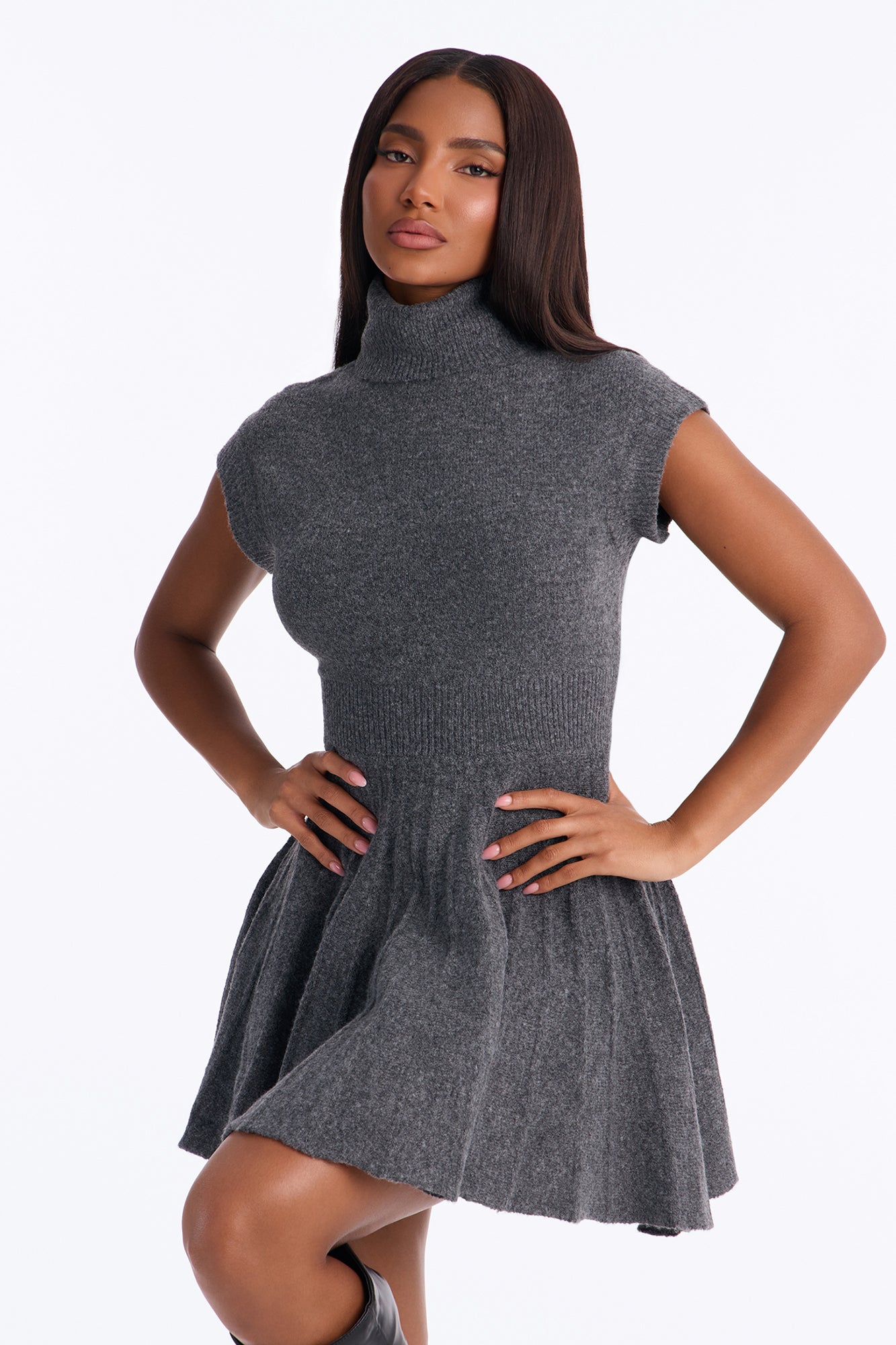 Hazel Turtle Neck Sweater Mini Dress - Charcoal