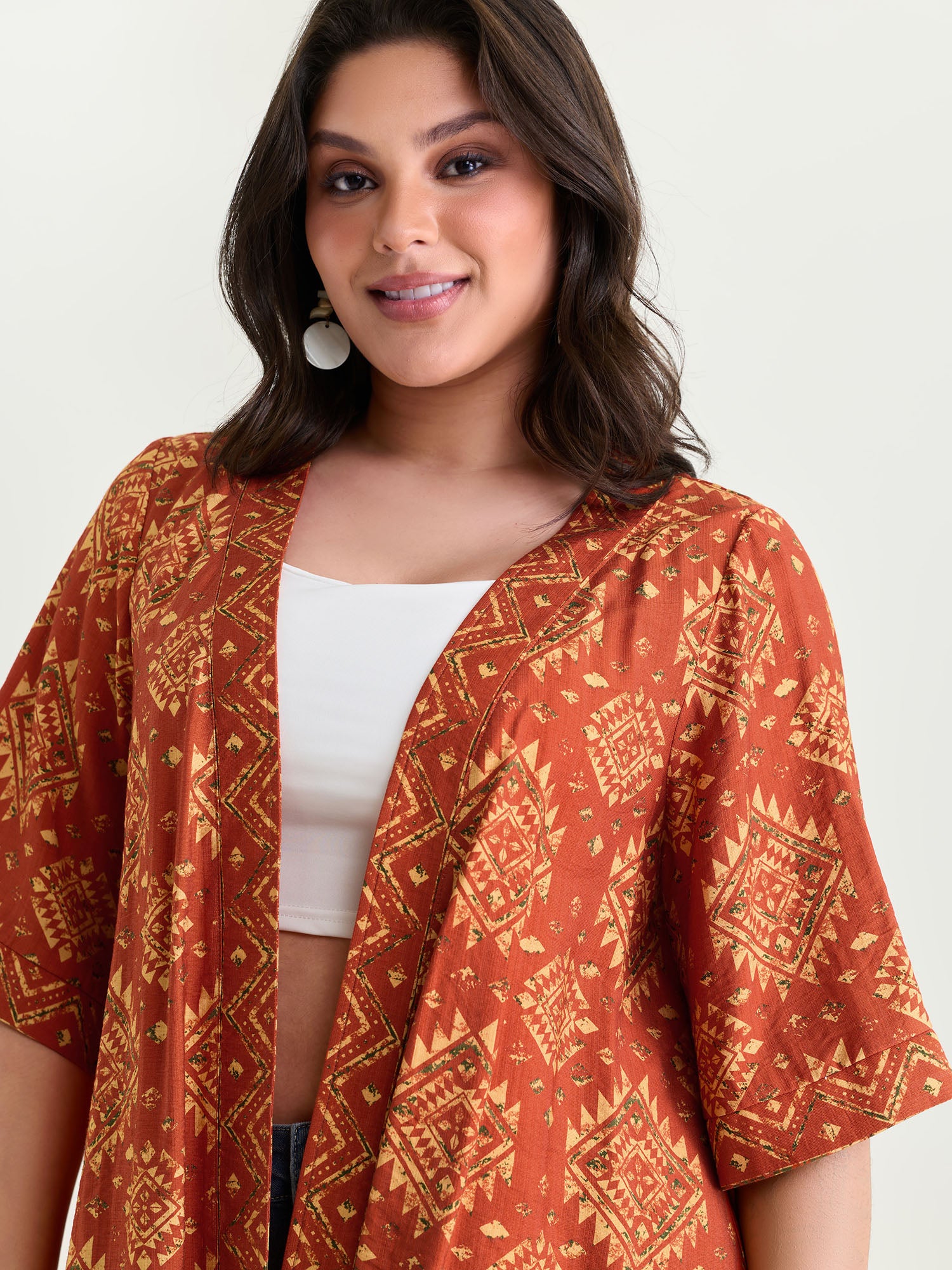 Boho Geometric Print Open-Front Kimono