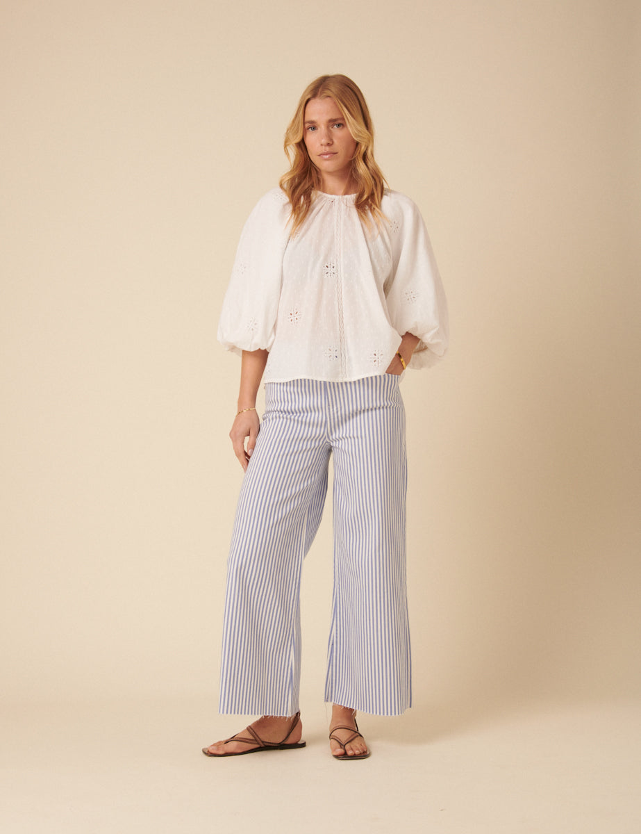 Blue Pinstripe High Rise Palazzo Jeans