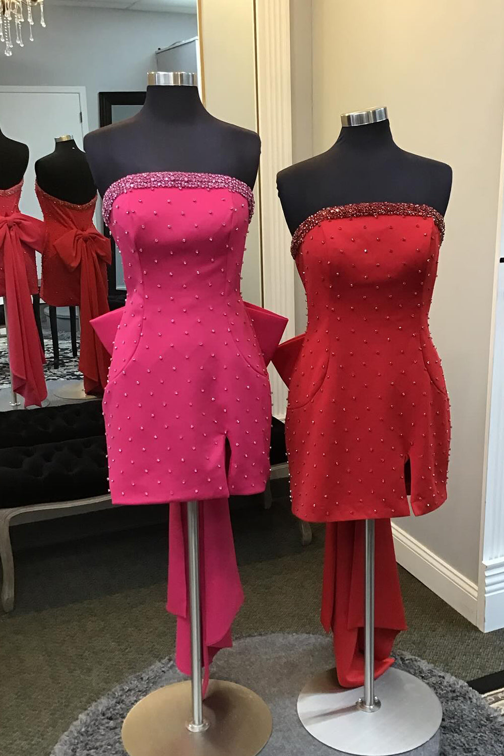 Glitter Fuchsia Beaded Strapless Bodycon Short Homecoming Dress/Mini Dress With Bow
