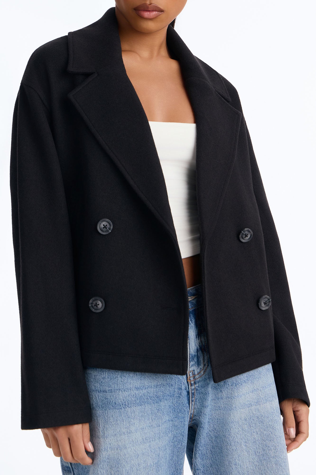 Jackie Double Breasted Wool Effect Short Coat - Black