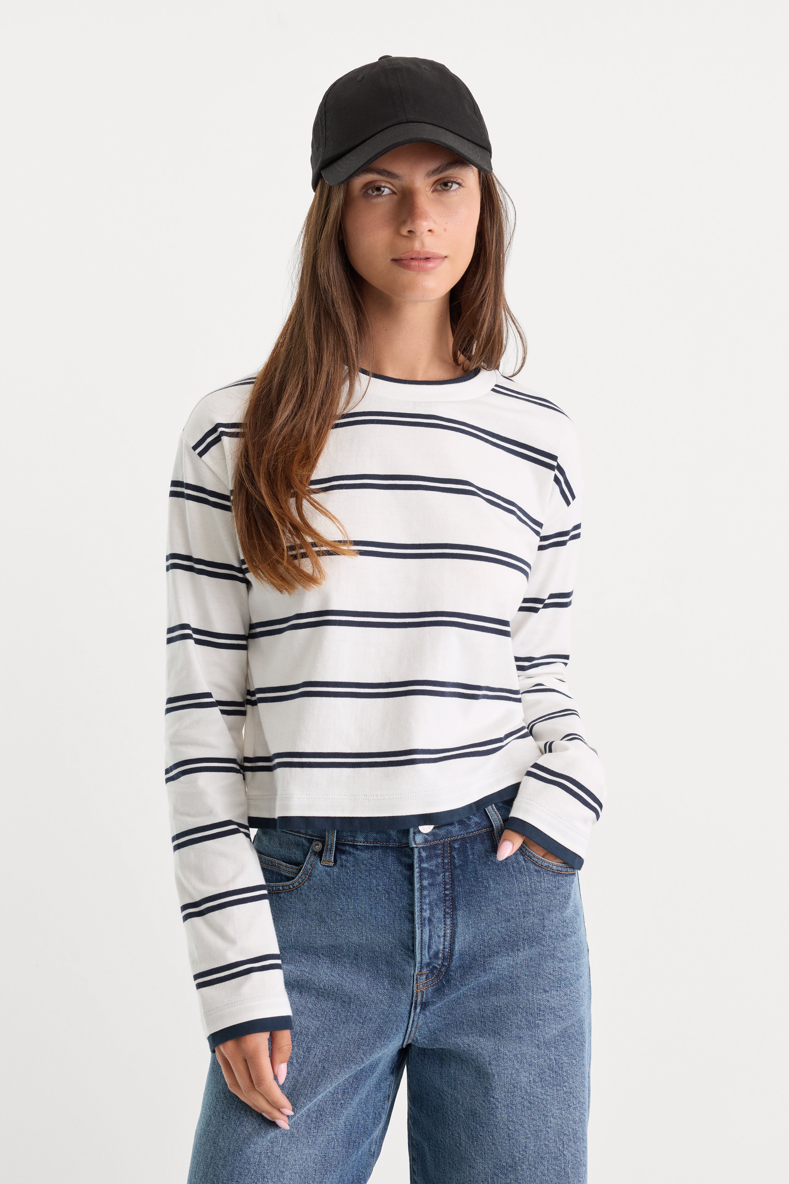THE LONG SLEEVE LAYERED TEE | NAVY DOUBLE STRIPE