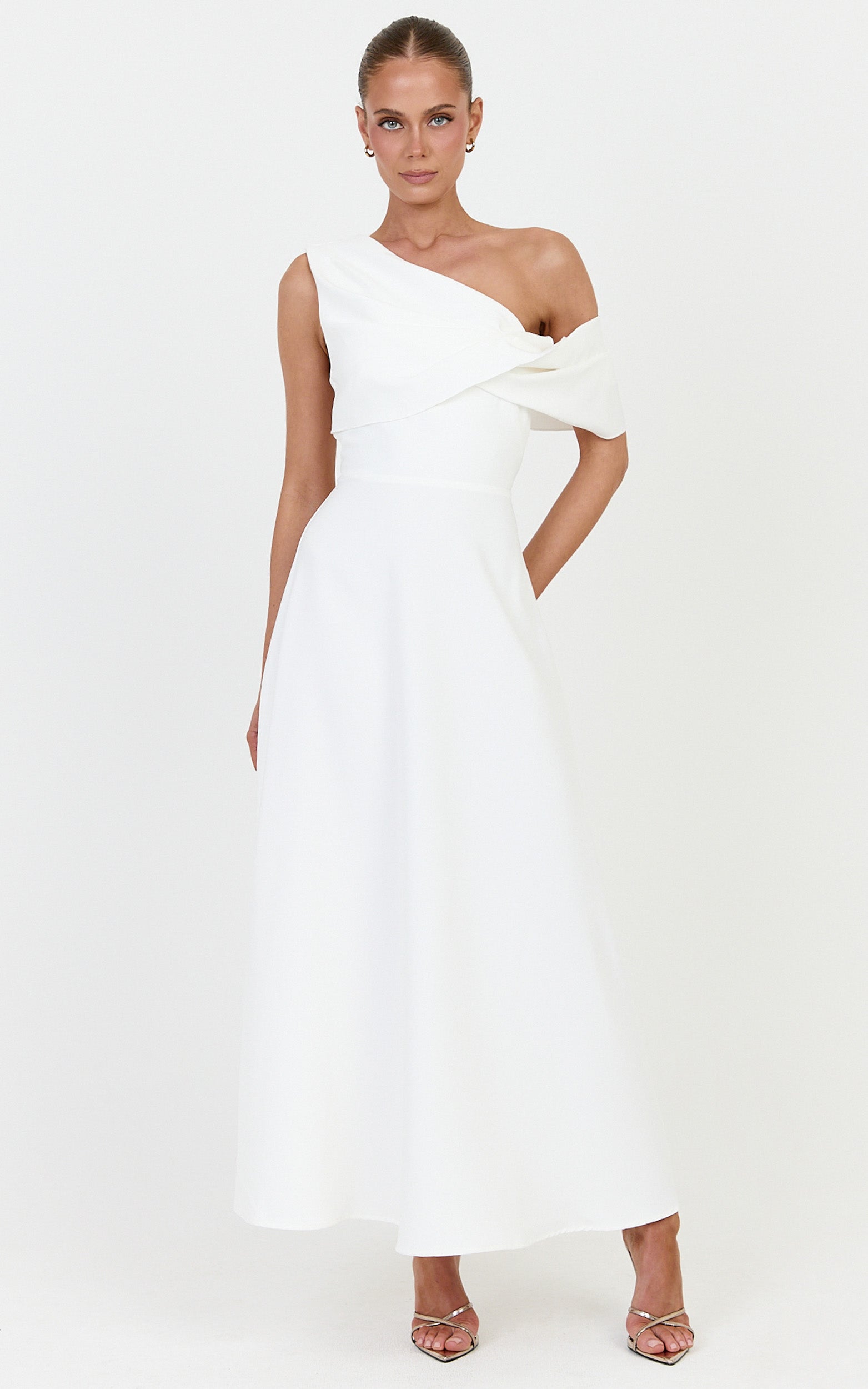 Mirabella Midi Dress - One Shoulder Twist Front Dress in Off White