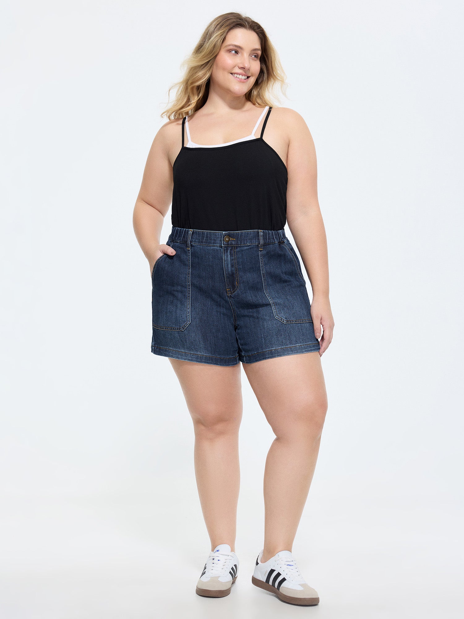 Stretchy Medium Wash Rubber Waist Denim Shorts