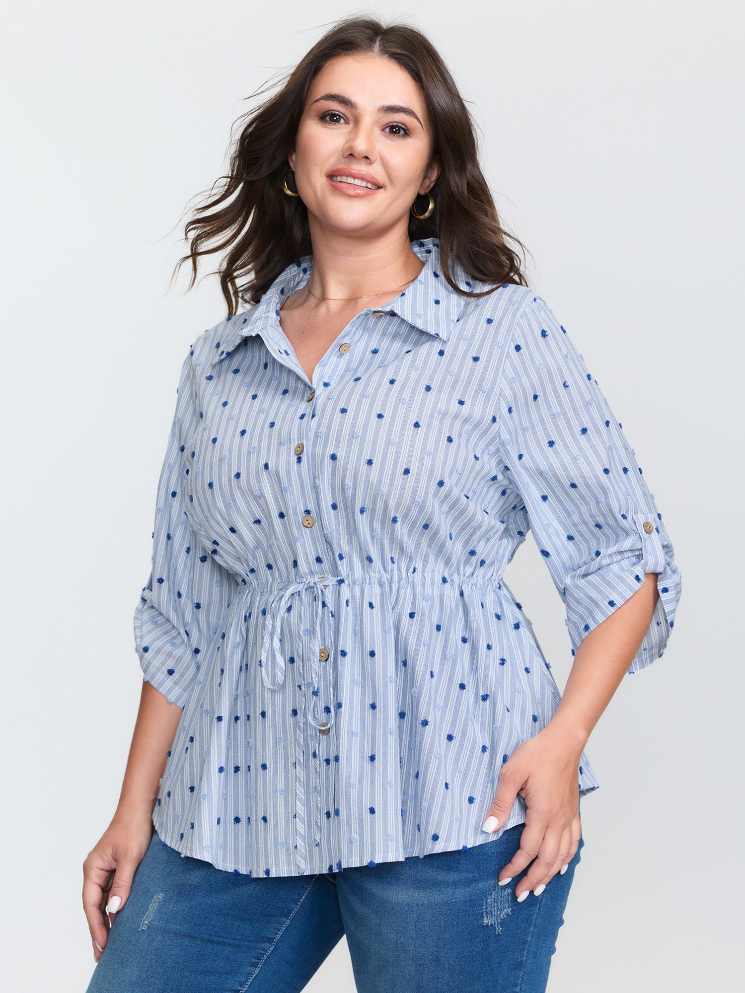 Cotton Striped Drawstring Waist Button-Down Shirt
