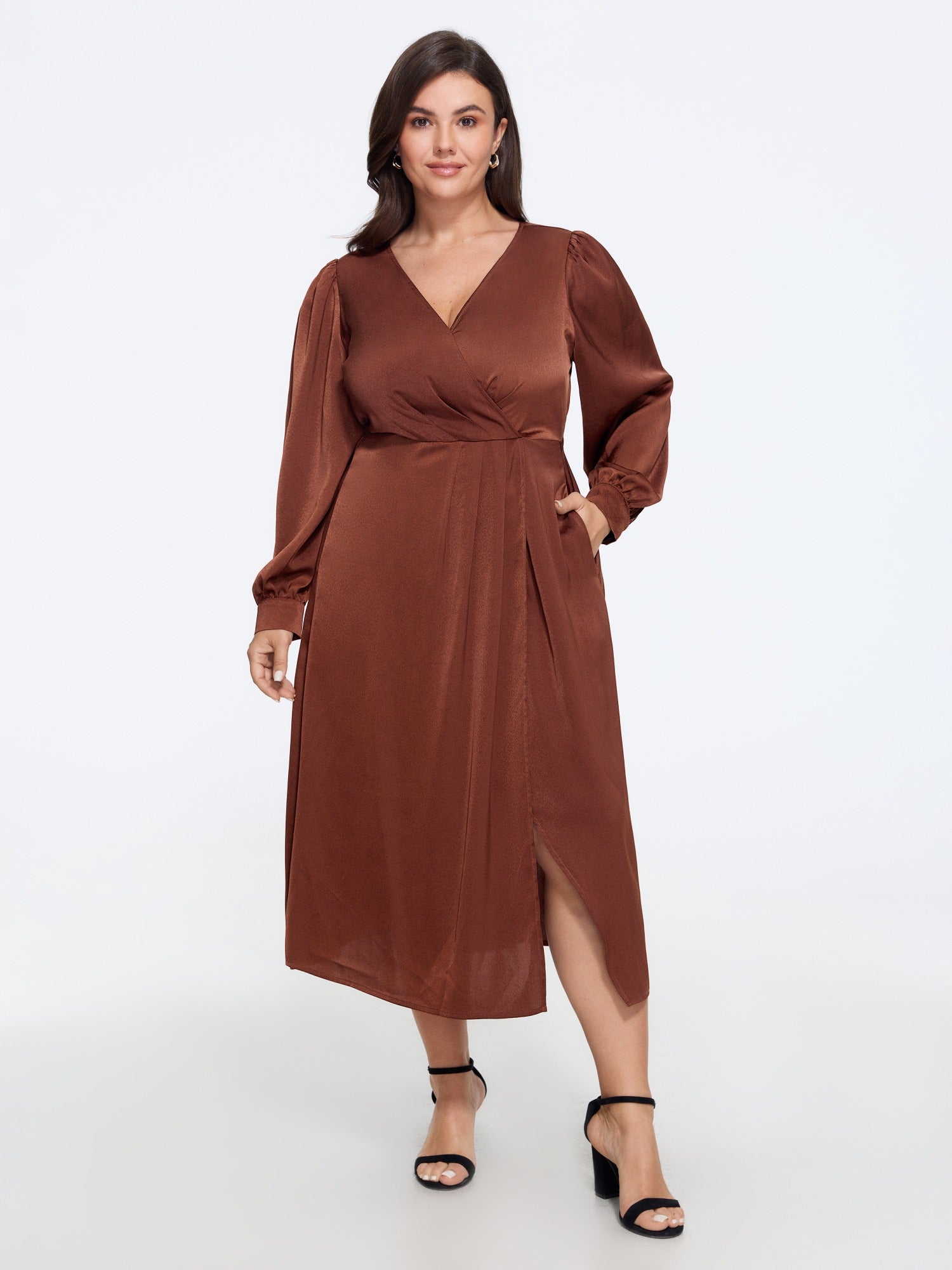 Supersoft Satin Wrap Neck Long Sleeve Slit Midi Dress