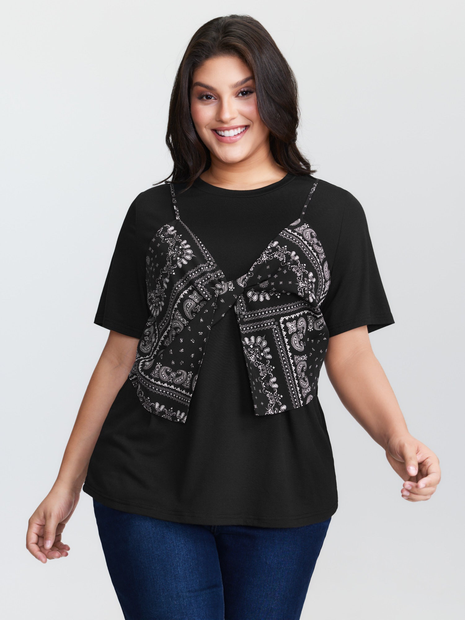 Paisley Print Layered Stretchy Knit Top