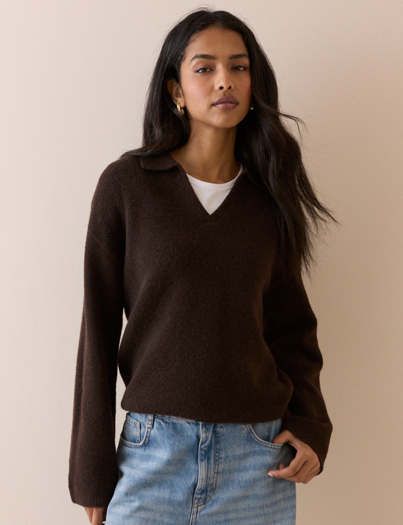 Brown V-neck Collared Jumper