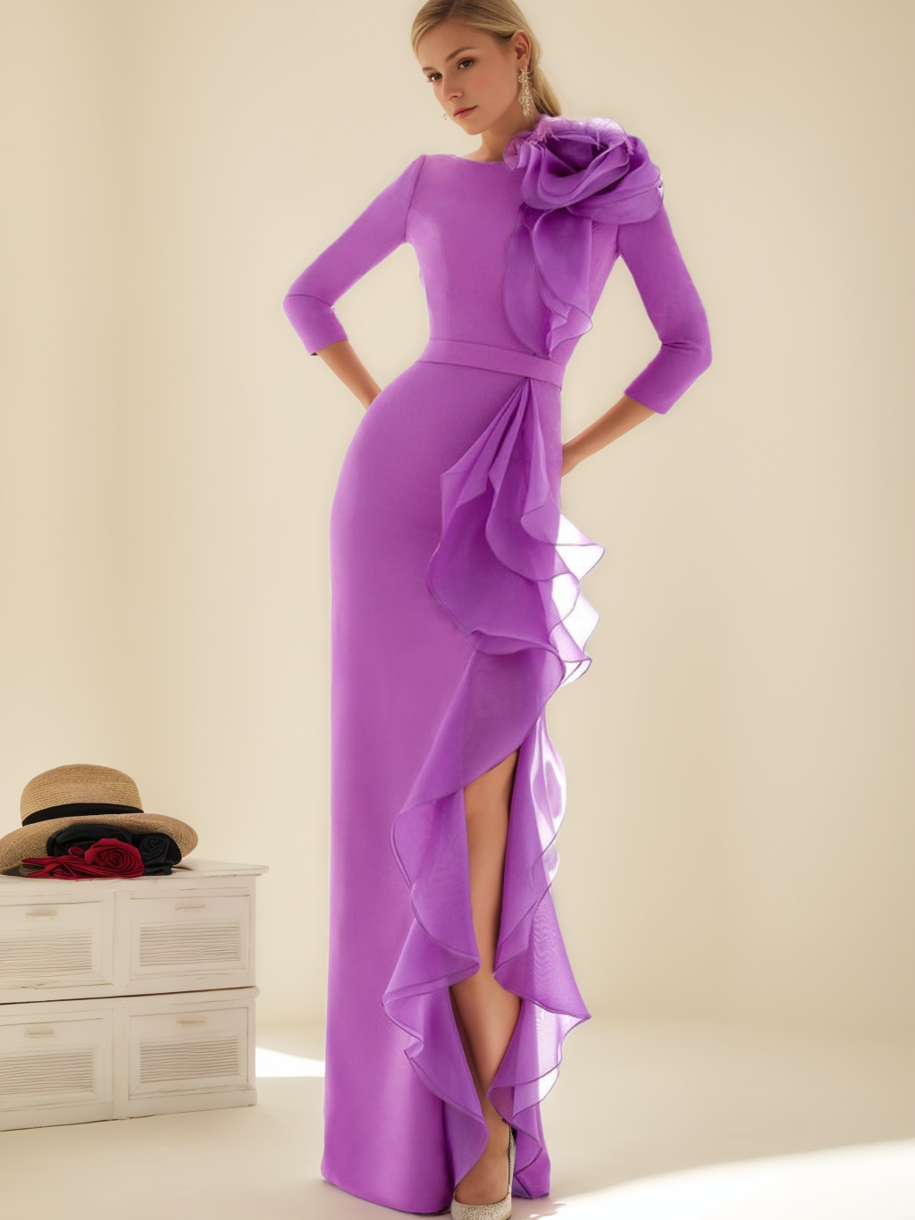 Long Mother of the Bride Dress with Ruffles 3/4 Sleeves and Floor-Length Sheath/Column Jewel Neck