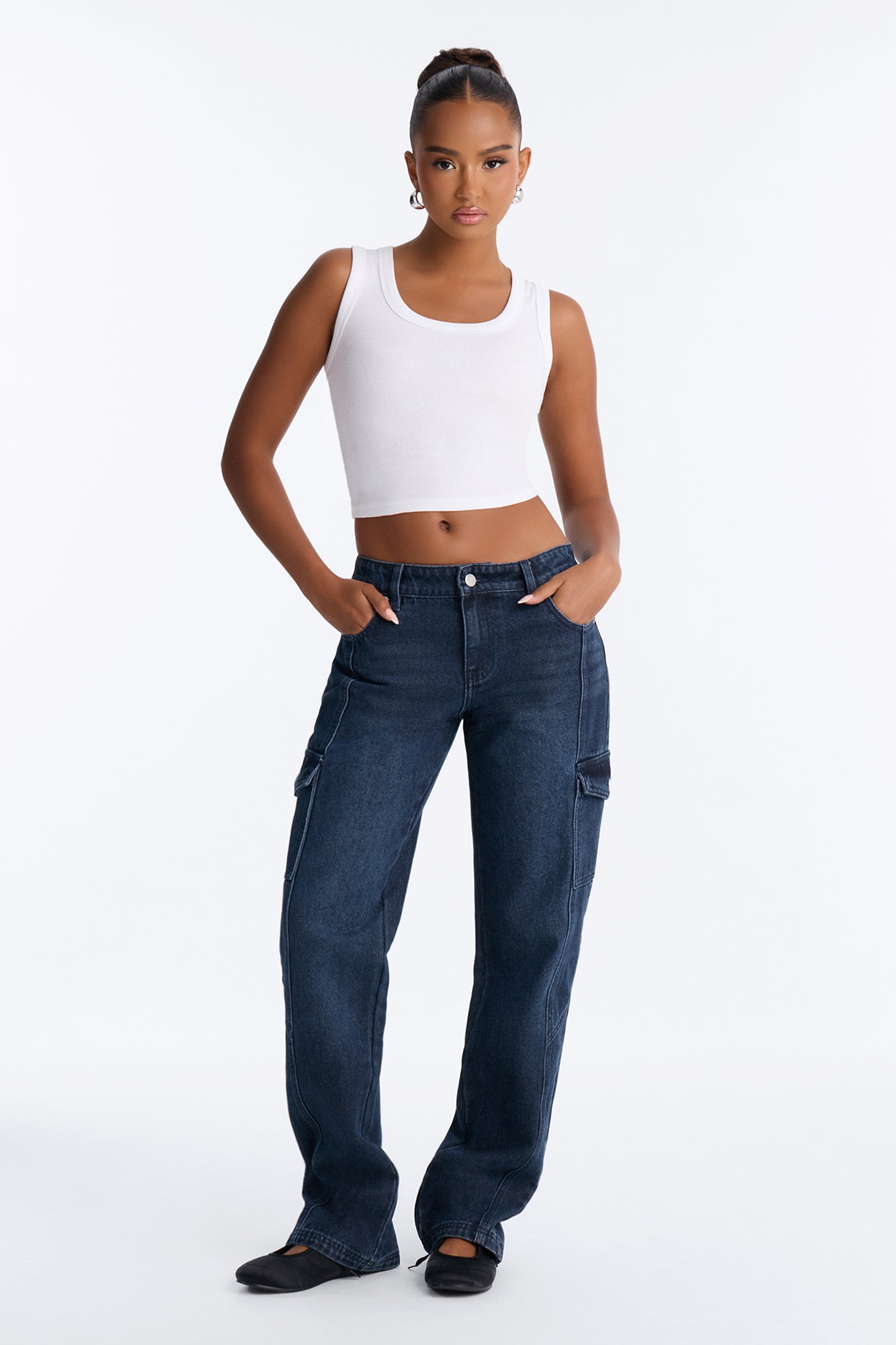 Georgina Mid Rise Cargo Split Hem Straight Leg Jeans - Dark Wash