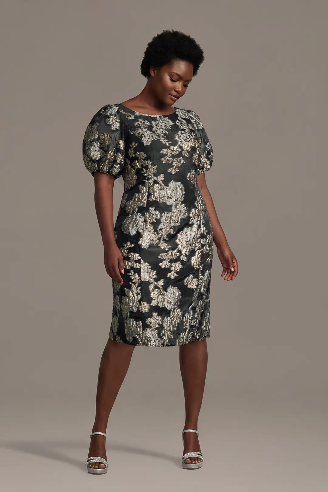 Brocade High Neck Puff Sleeve Sheath Dress