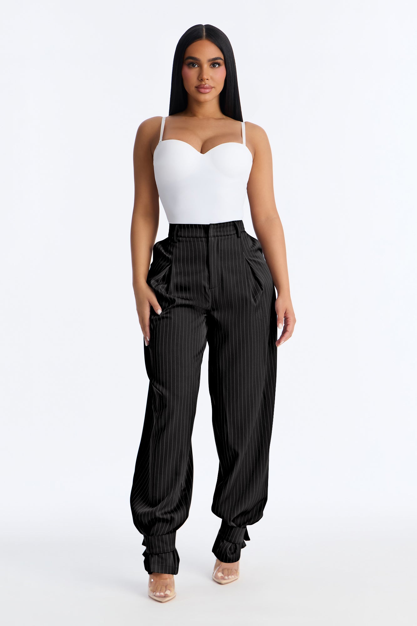 Never Settle Pinstripe Adjustable Cuff Trouser Pants 33″ - Black/White