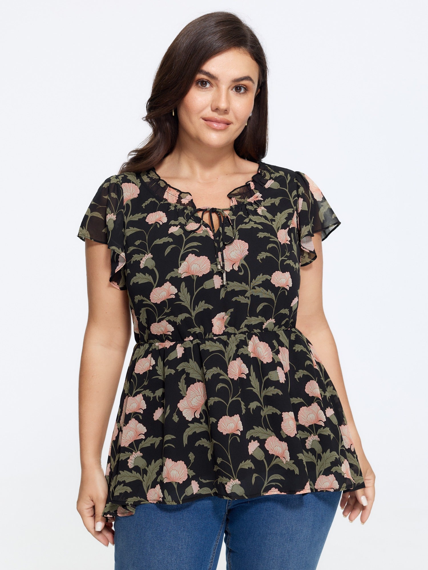 Floral Print Tie Neck Flutter Sleeve Peplum Blouse