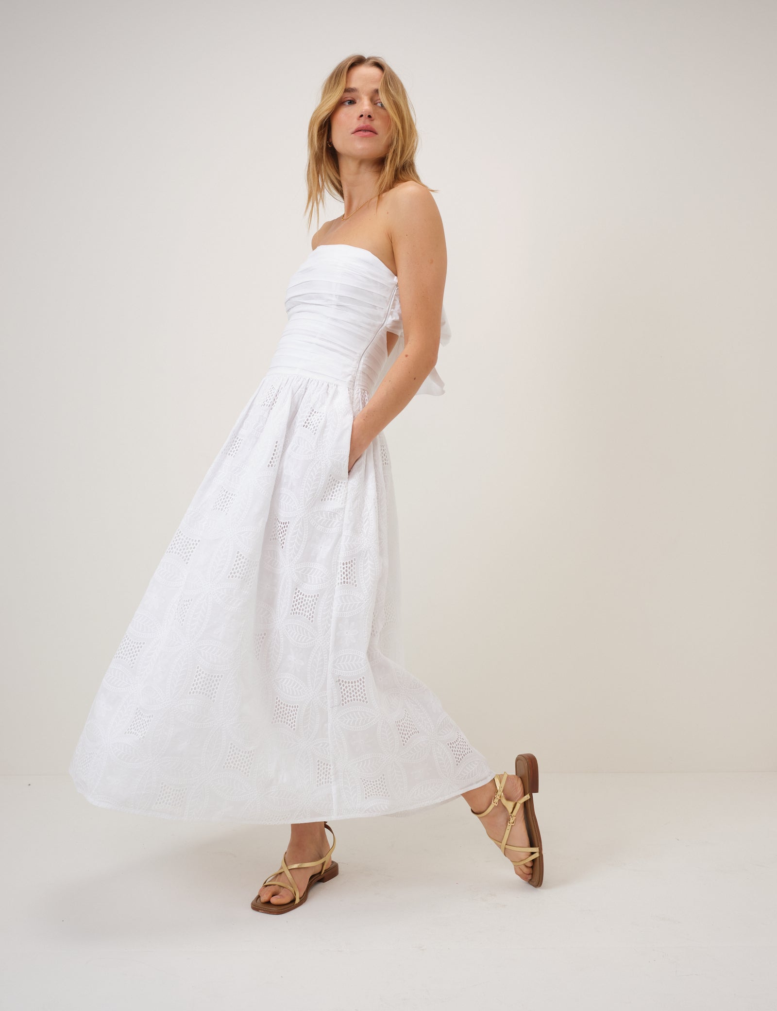 White Embroidered Bandeau Ariella Drop Waist Midi Dress