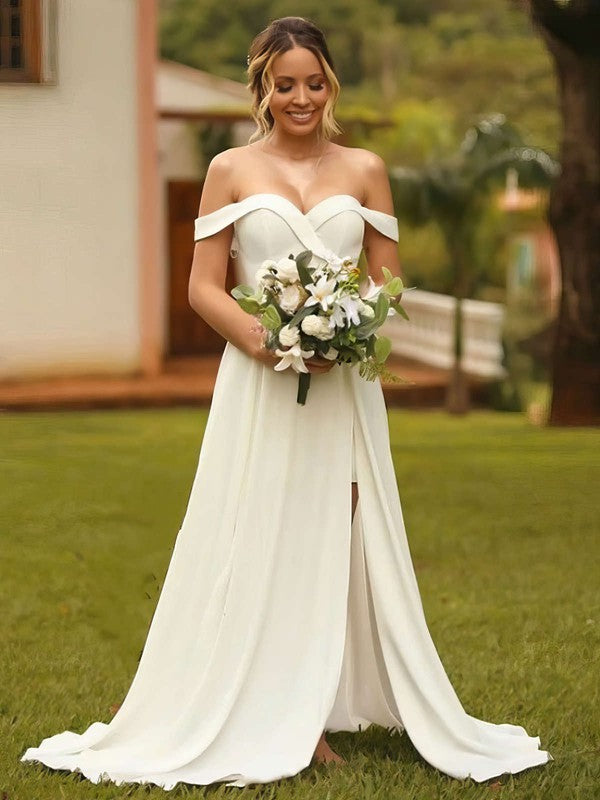 Stunning A-Line Off-The-Shoulder Sweetheart Satin Sweep Train Wedding Dresses with Split