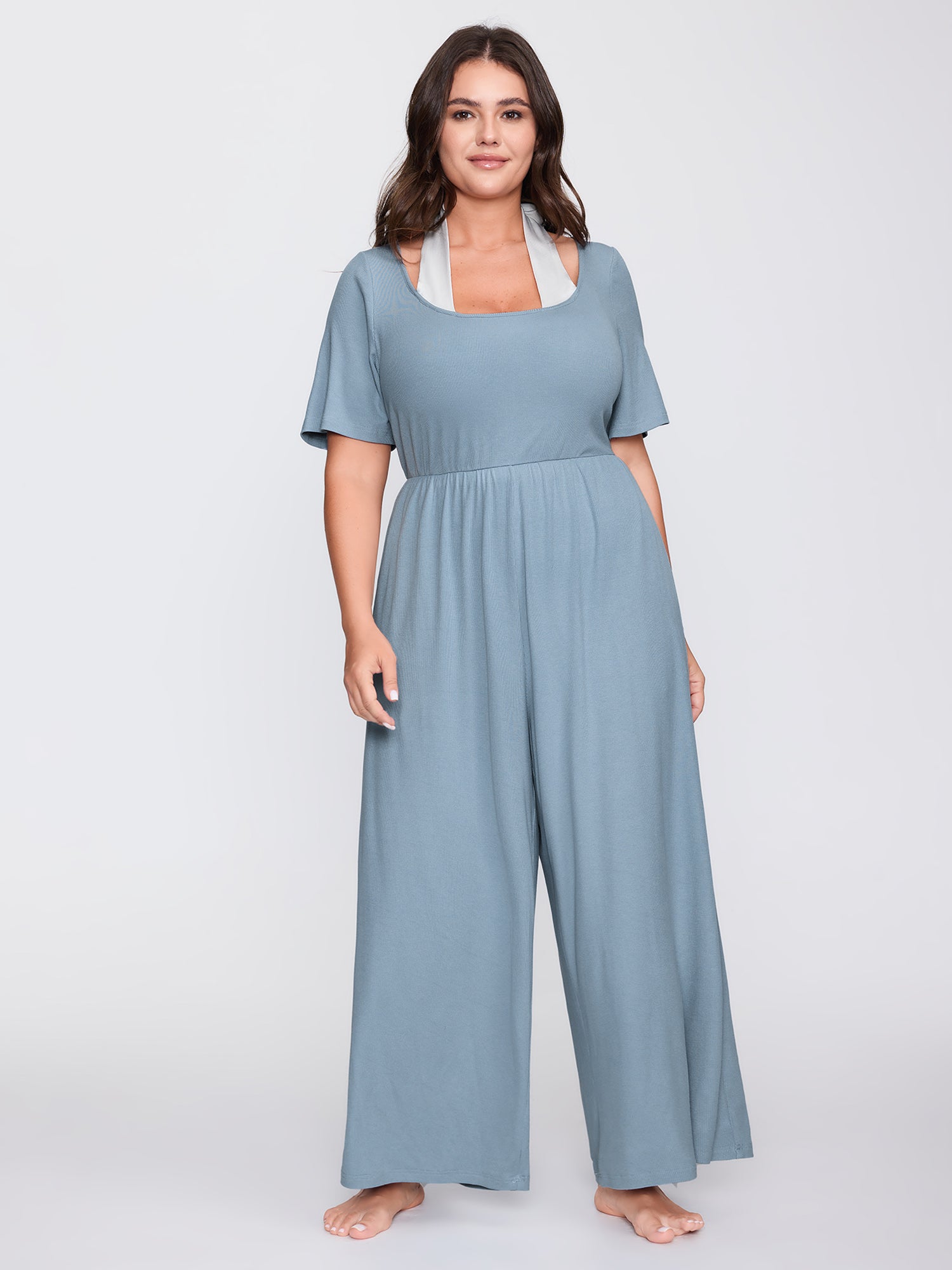 Stretchy Textured Color Contrast Lounge Jumpsuit